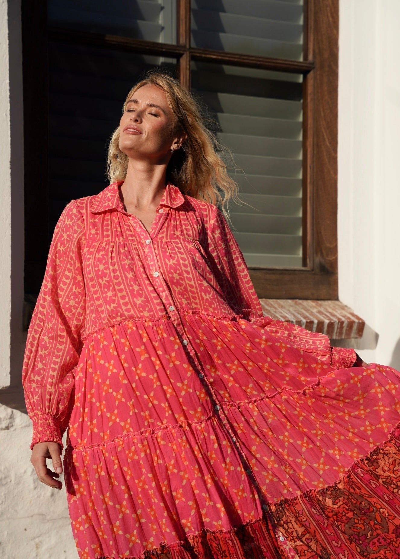 View our Olsen Cotton Long Sleeved Maxi Dress With Pink And Orange Floral - by Tribute Store