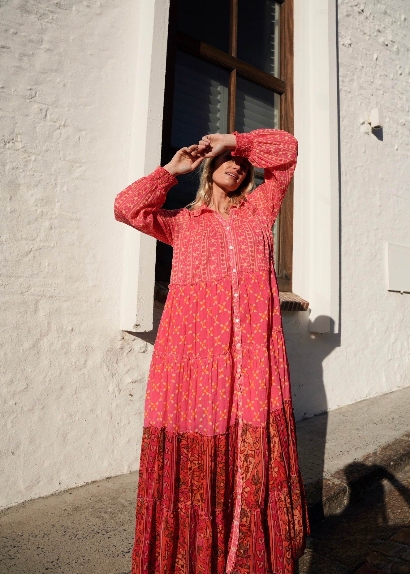 View our Olsen Cotton Long Sleeved Maxi Dress With Pink And Orange Floral - by Tribute Store