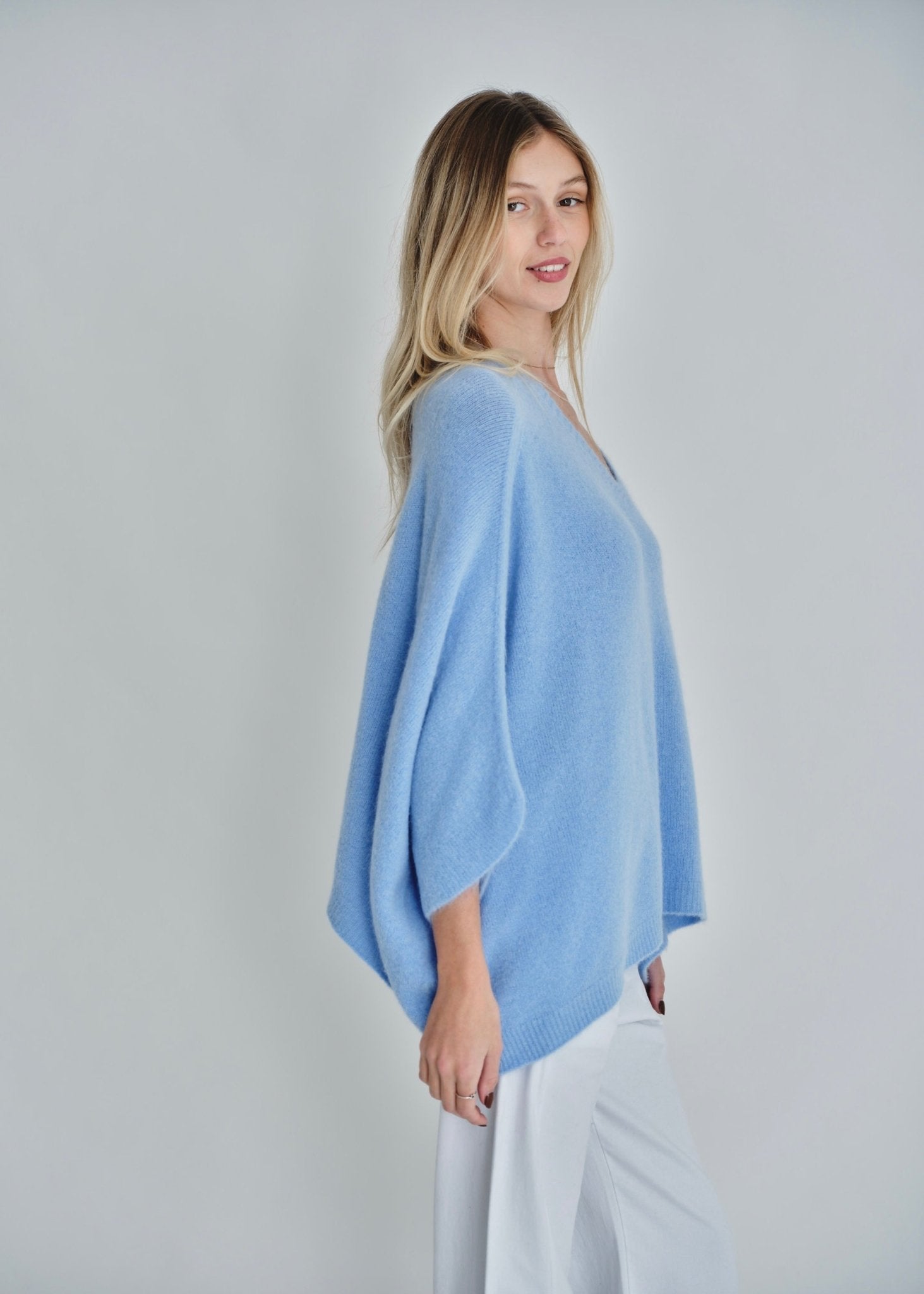 View our Palermo Oversized Italian Batwing V Neck Knit In Sky Blue - by Tribute Store