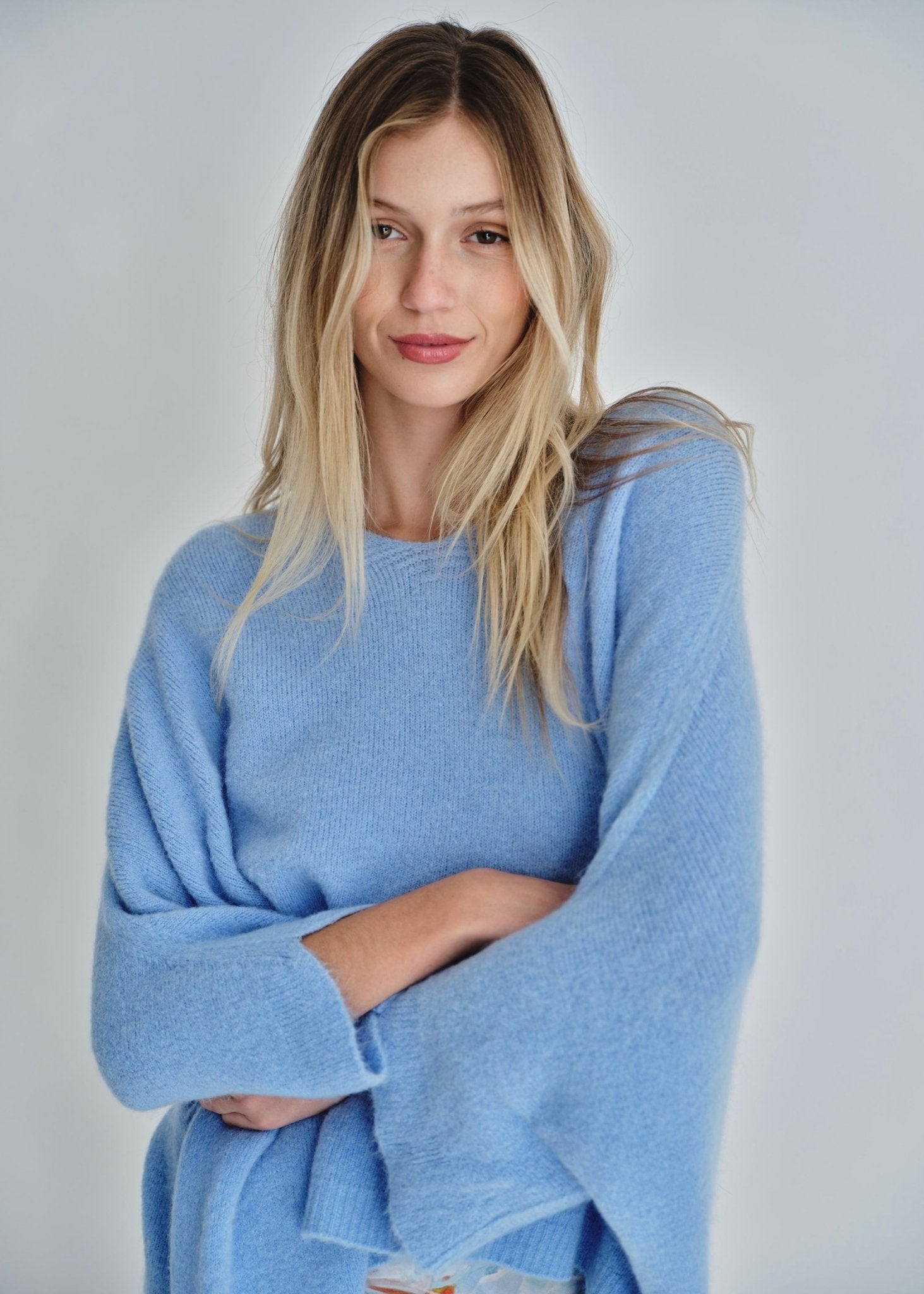 View our Palermo Oversized Italian Batwing V Neck Knit In Sky Blue - by Tribute Store