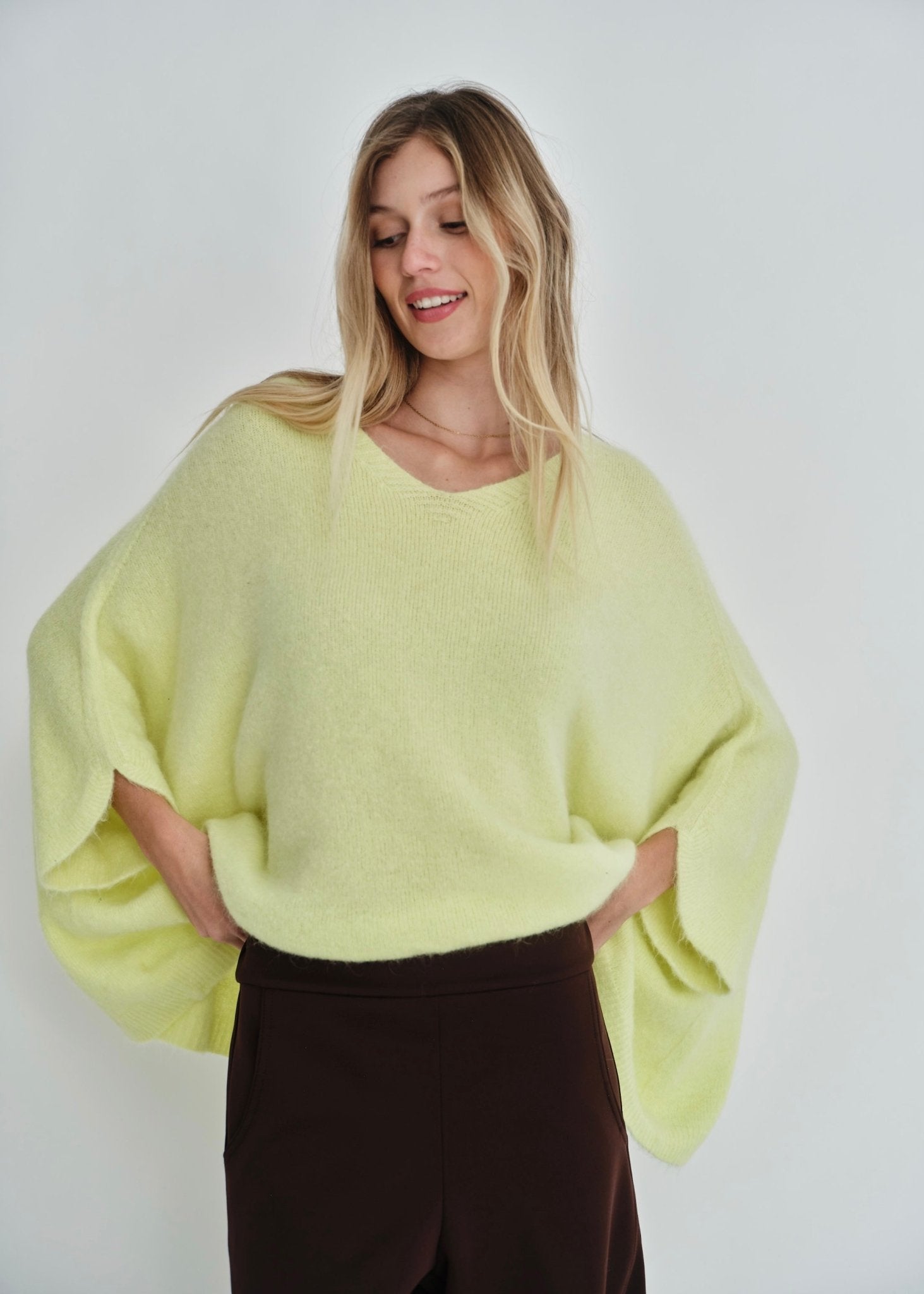 View our Palermo Oversized Italian Batwing V Neck Knit In Sunshine Yellow - by Tribute Store
