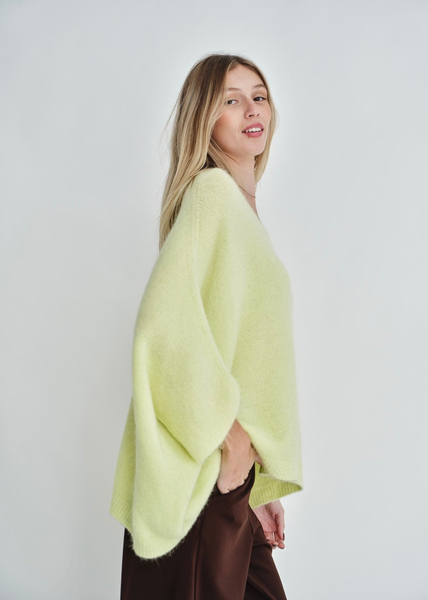 View our Palermo Oversized Italian Batwing V Neck Knit In Sunshine Yellow - by Tribute Store
