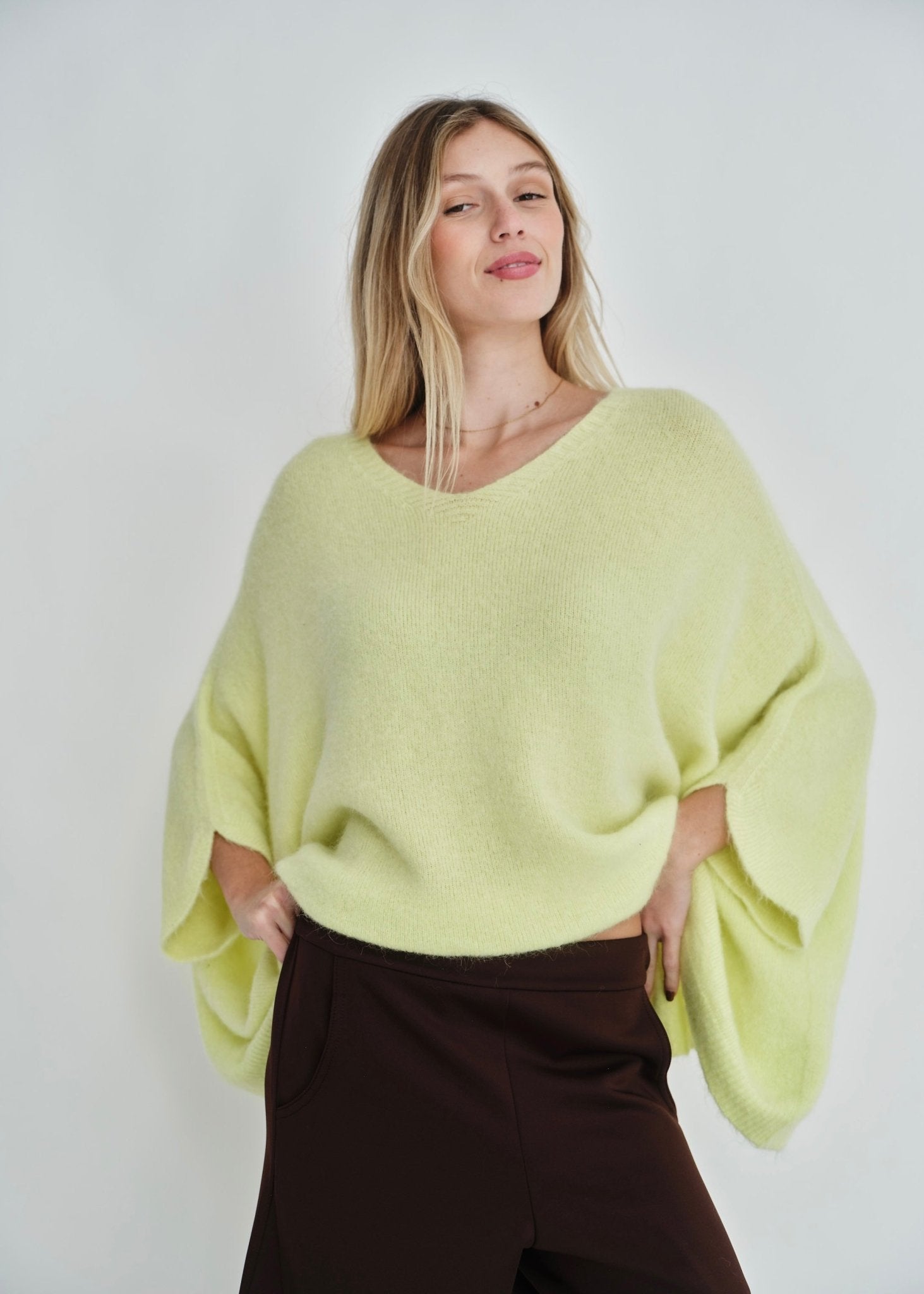View our Palermo Oversized Italian Batwing V Neck Knit In Sunshine Yellow - by Tribute Store