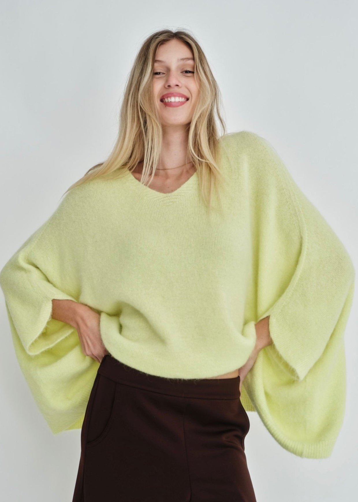 View our Palermo Oversized Italian Batwing V Neck Knit In Sunshine Yellow - by Tribute Store