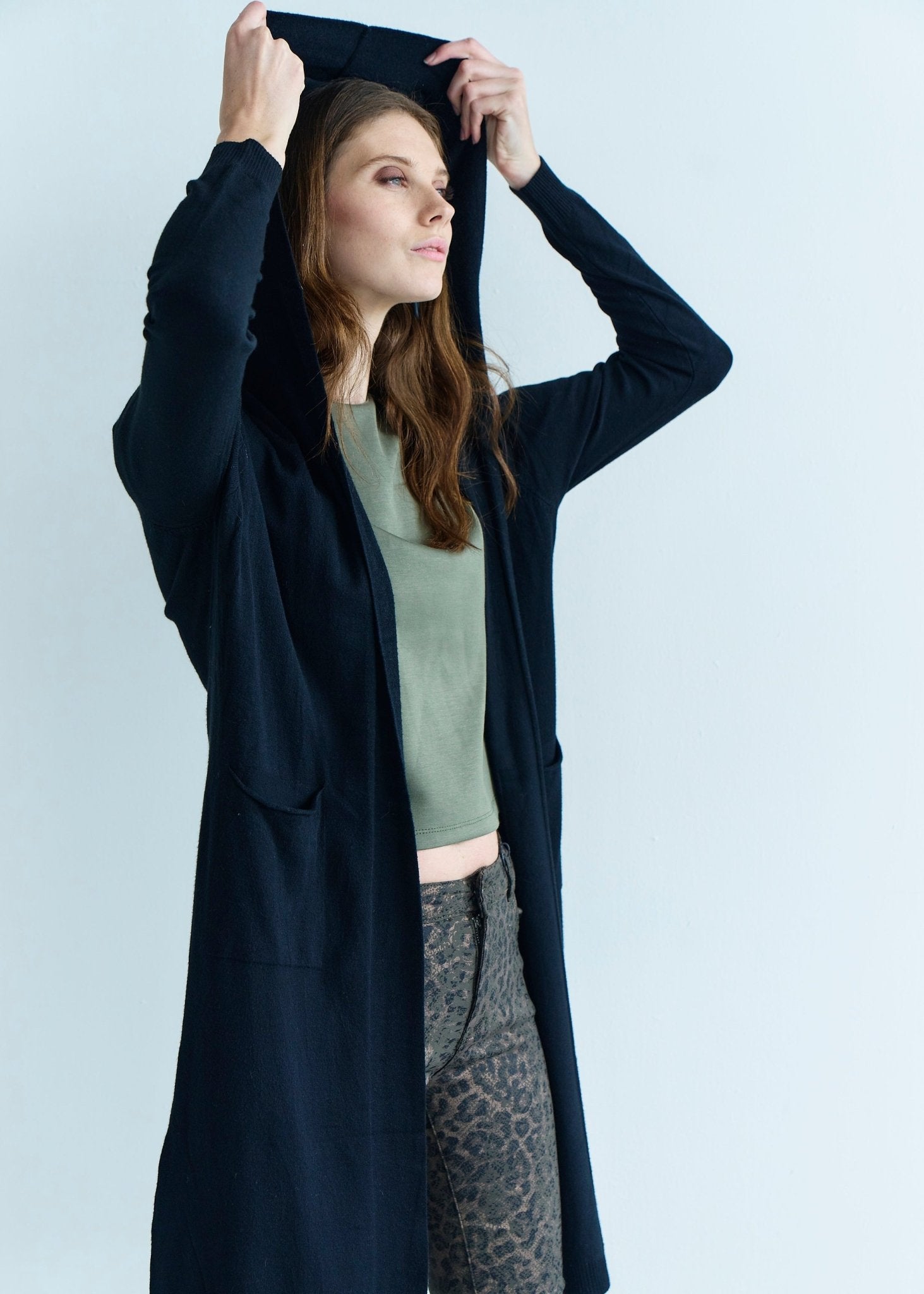 View our Paris Full Length Knitted Viscose Cardigan with Hood in Black - by Tribute Store