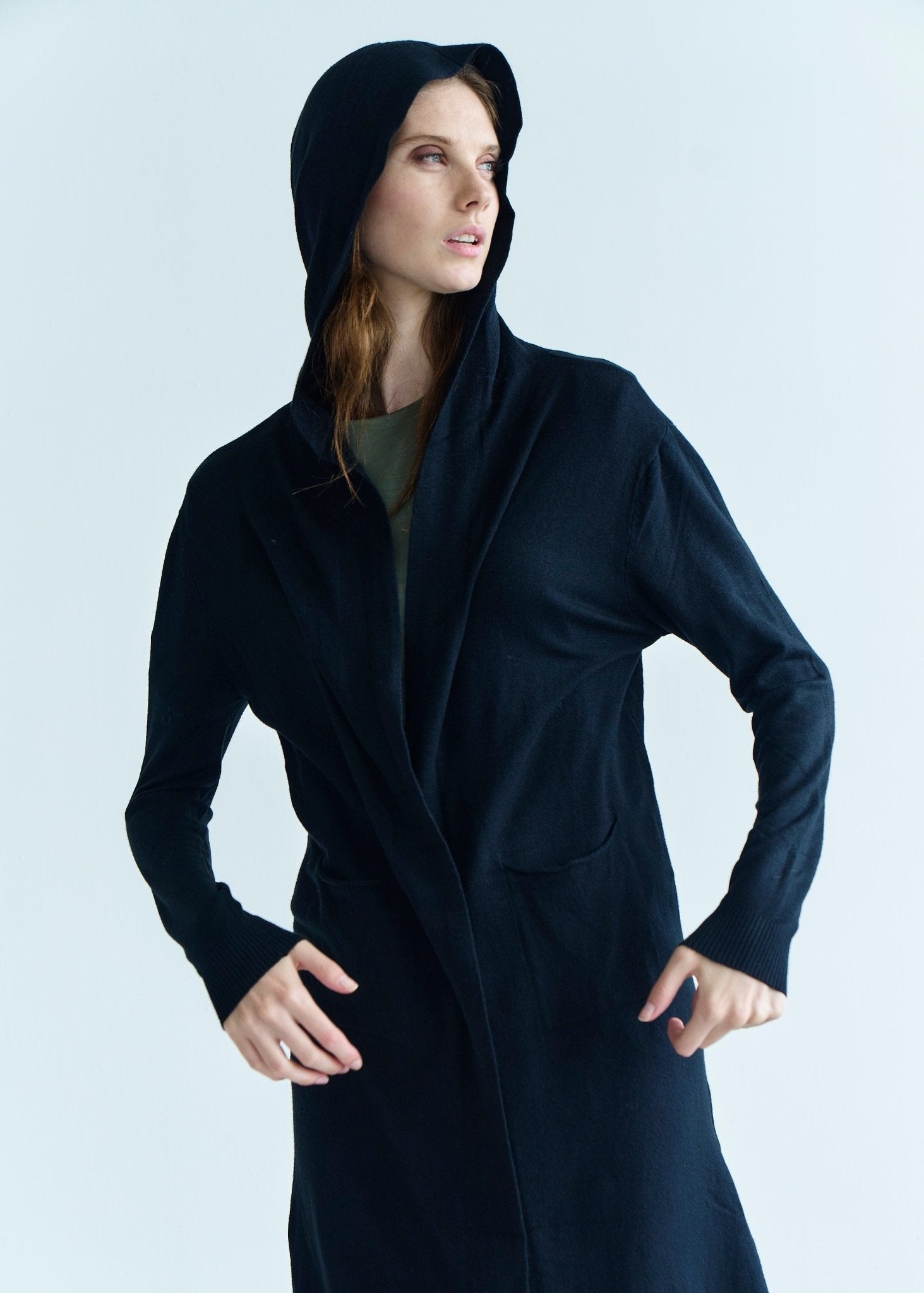 View our Paris Full Length Knitted Viscose Cardigan with Hood in Black - by Tribute Store