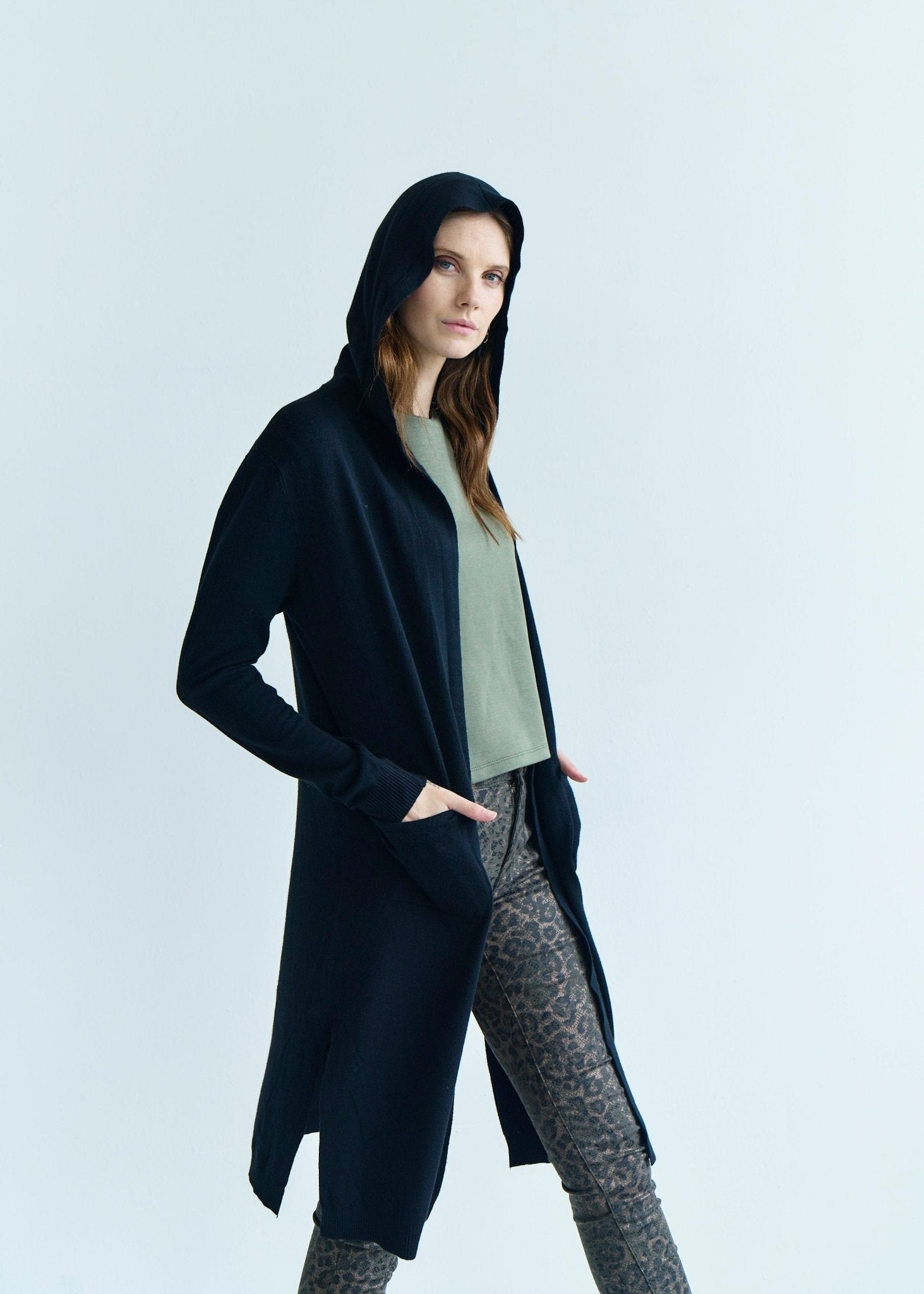 View our Paris Full Length Knitted Viscose Cardigan with Hood in Black - by Tribute Store