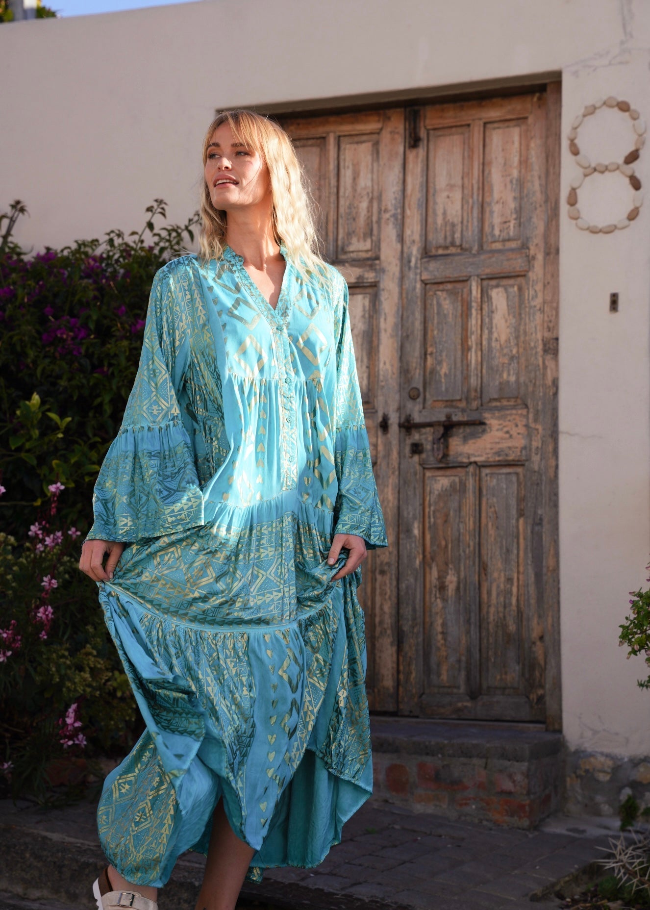 View our Phoebe Bohemian Maxi Dress with Gold Foil in Aqua Blue - by Tribute Store