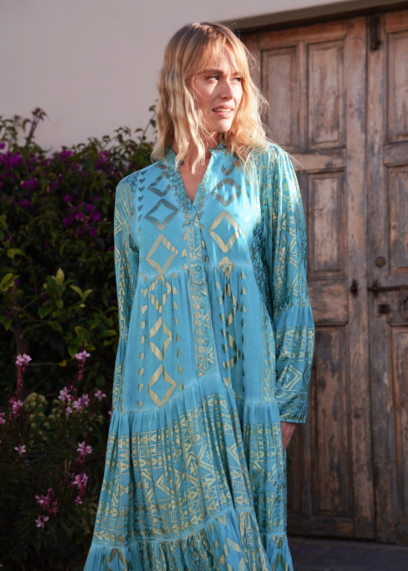 View our Phoebe Bohemian Maxi Dress with Gold Foil in Aqua Blue - by Tribute Store