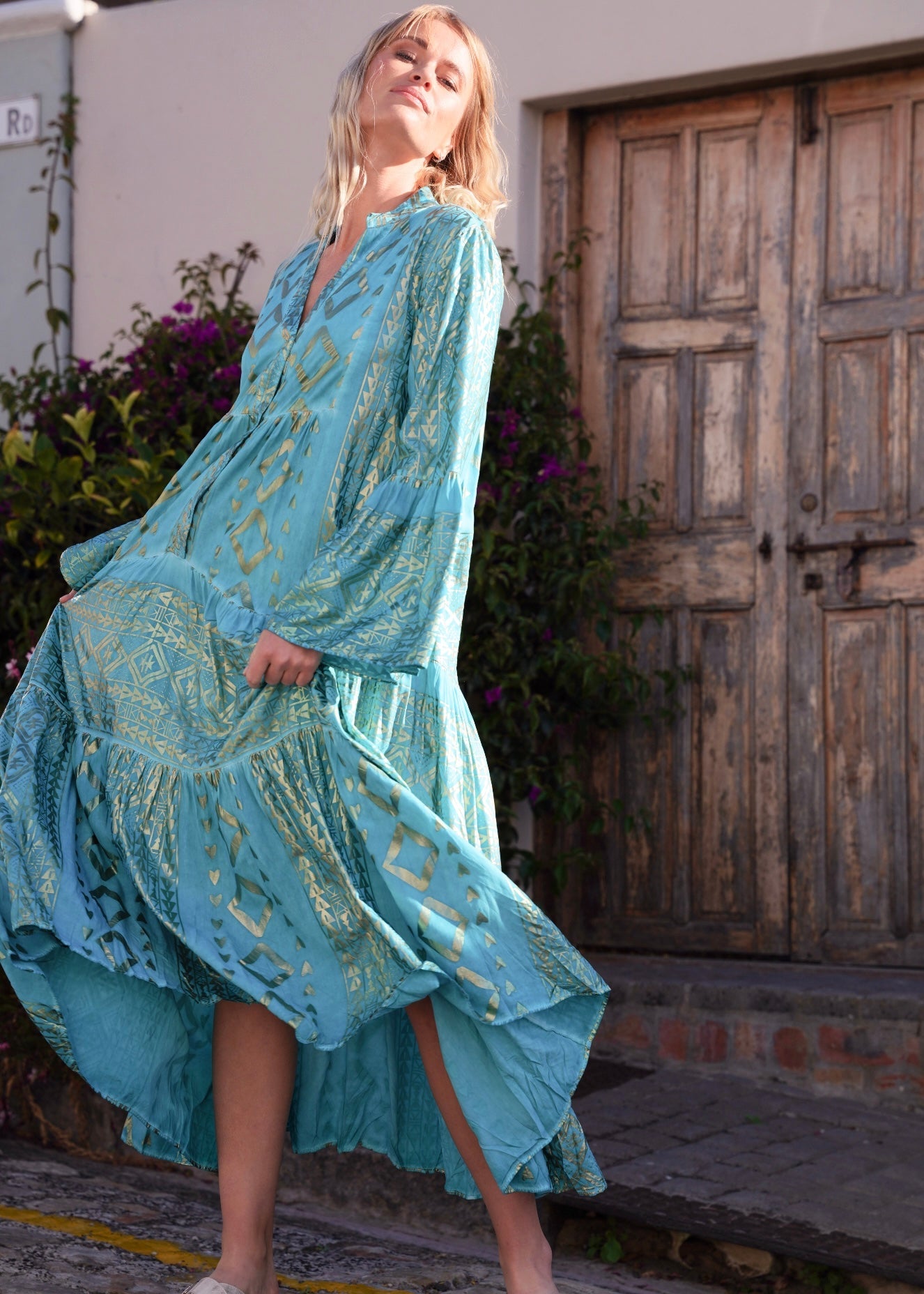 View our Phoebe Bohemian Maxi Dress with Gold Foil in Aqua Blue - by Tribute Store