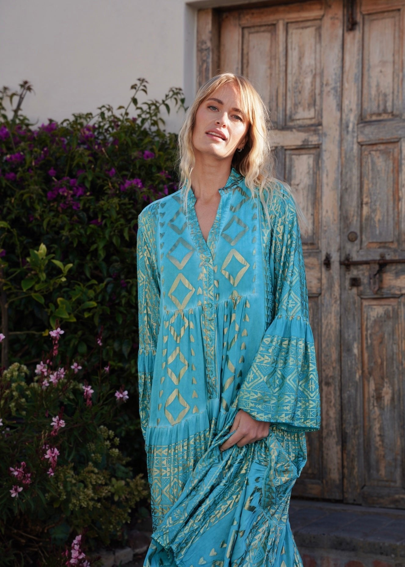 View our Phoebe Bohemian Maxi Dress with Gold Foil in Aqua Blue - by Tribute Store