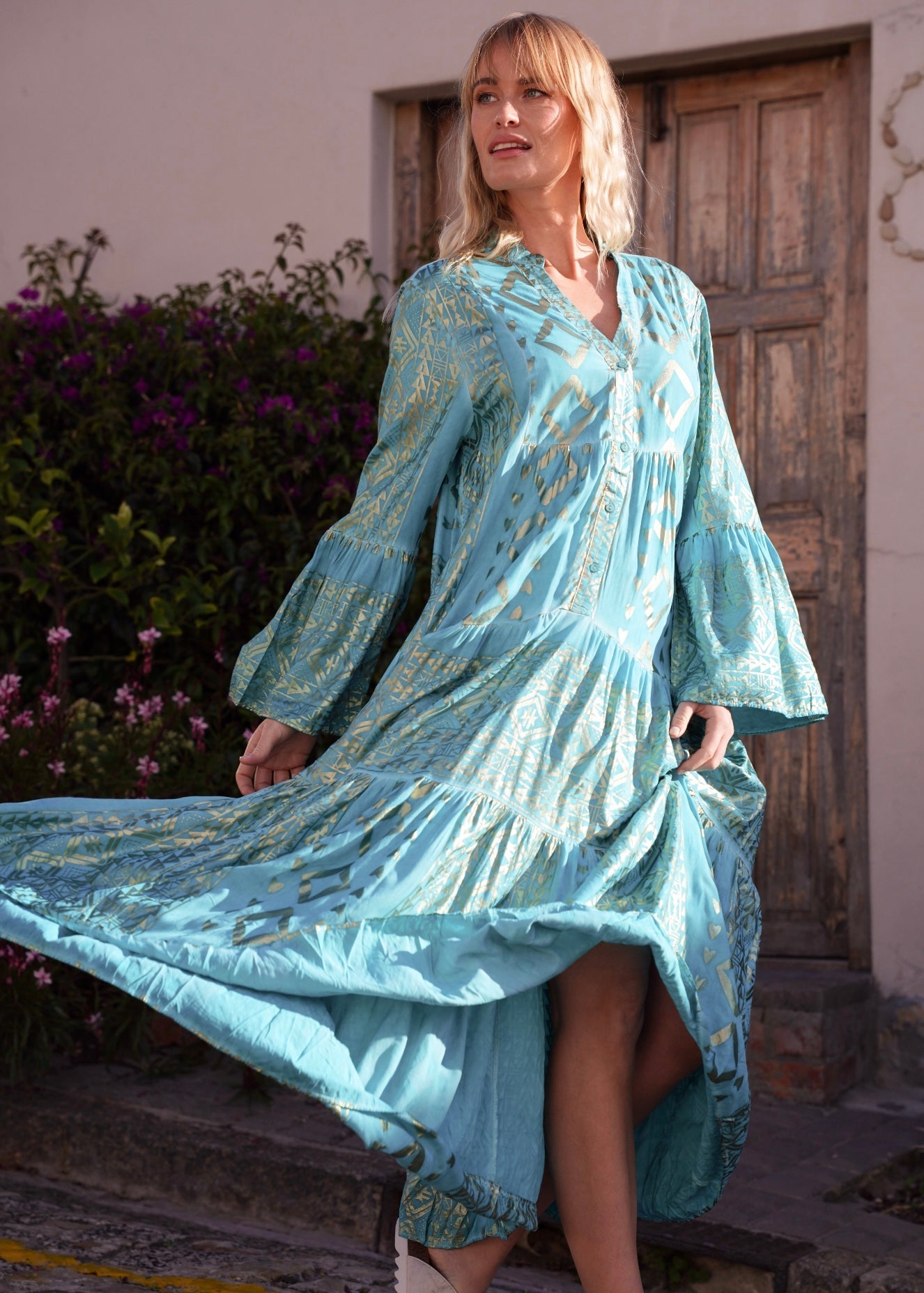 View our Phoebe Bohemian Maxi Dress with Gold Foil in Aqua Blue - by Tribute Store