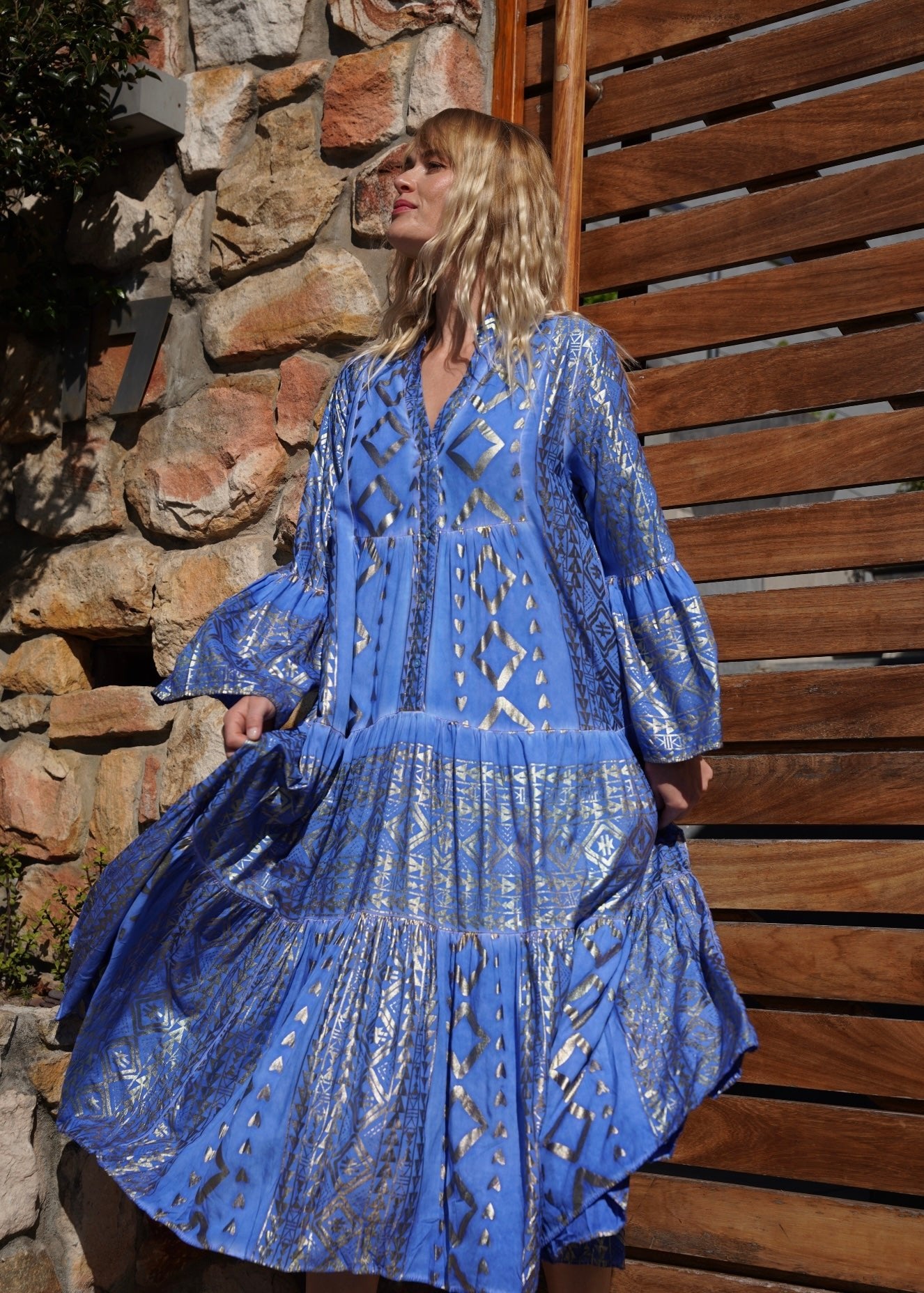 View our Phoebe Bohemian Maxi Dress with Gold Foil in Bright Blue - by Tribute Store
