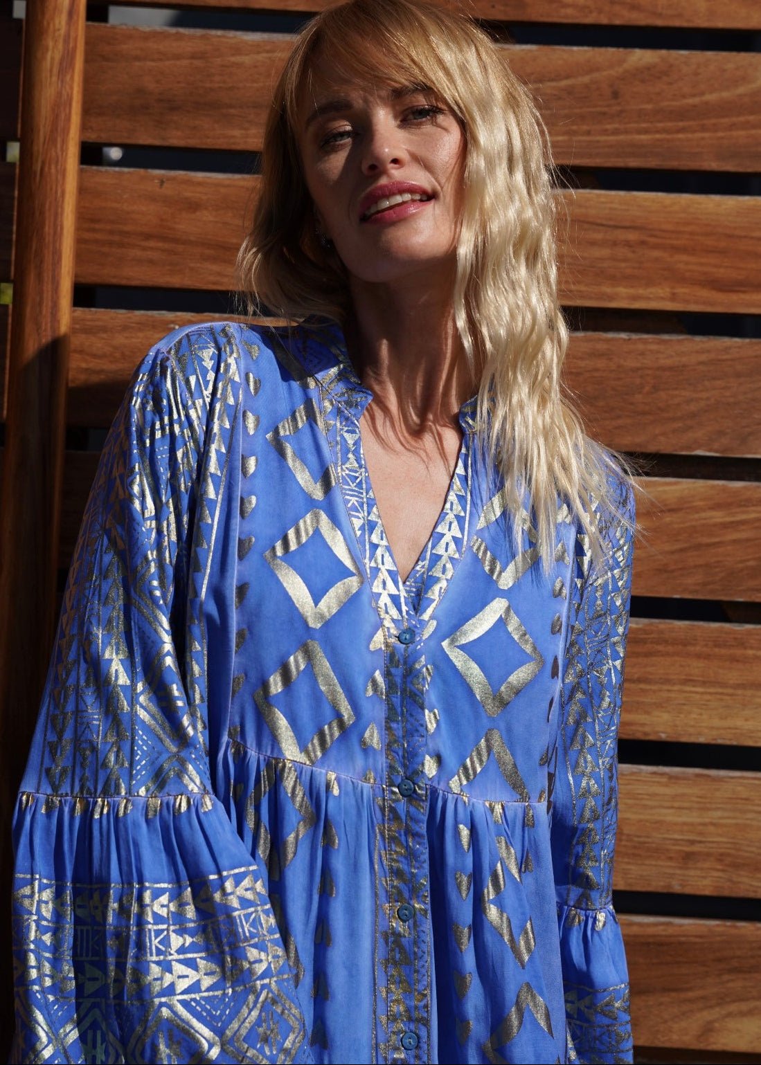 View our Phoebe Bohemian Maxi Dress with Gold Foil in Bright Blue - by Tribute Store