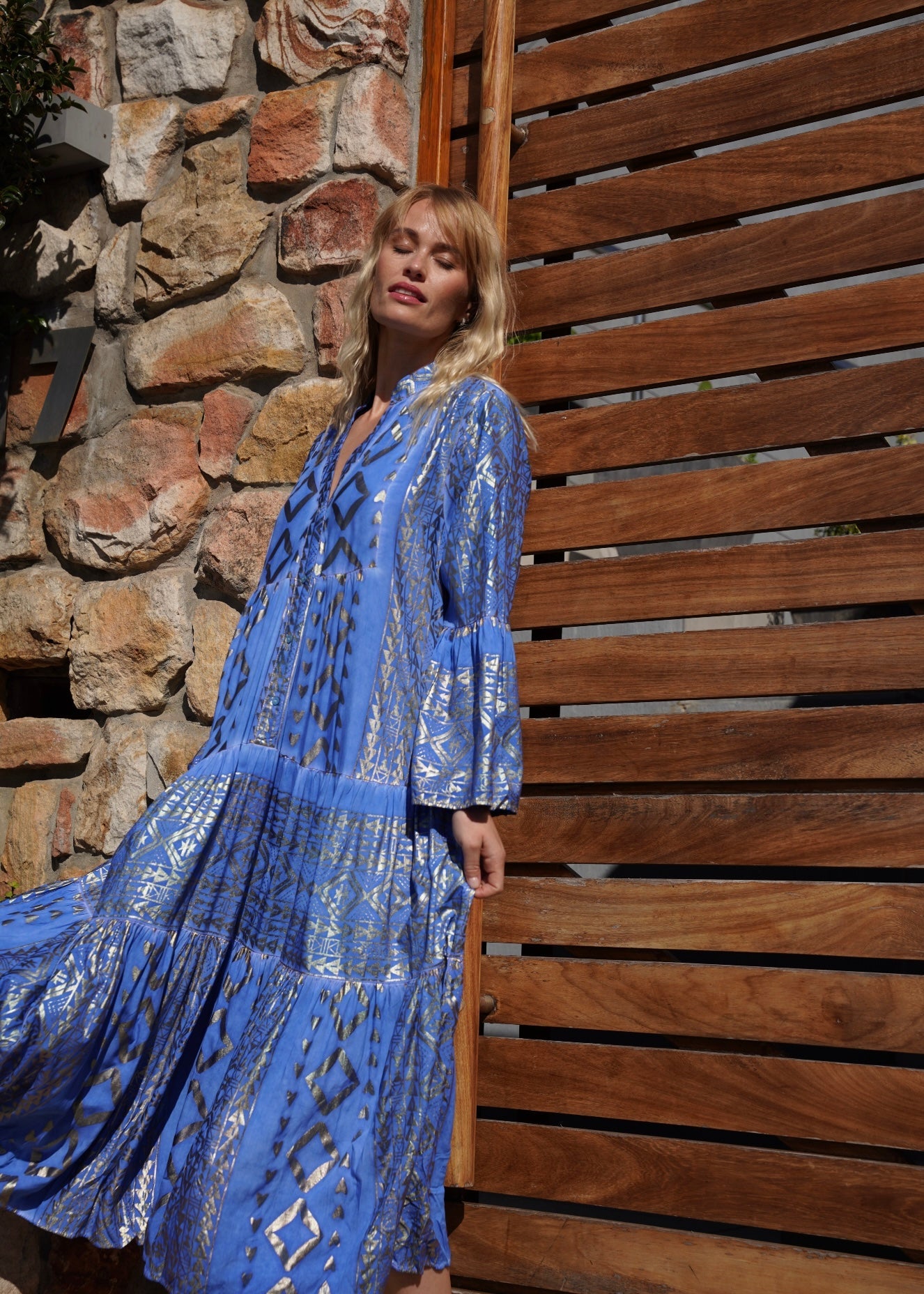 View our Phoebe Bohemian Maxi Dress with Gold Foil in Bright Blue - by Tribute Store