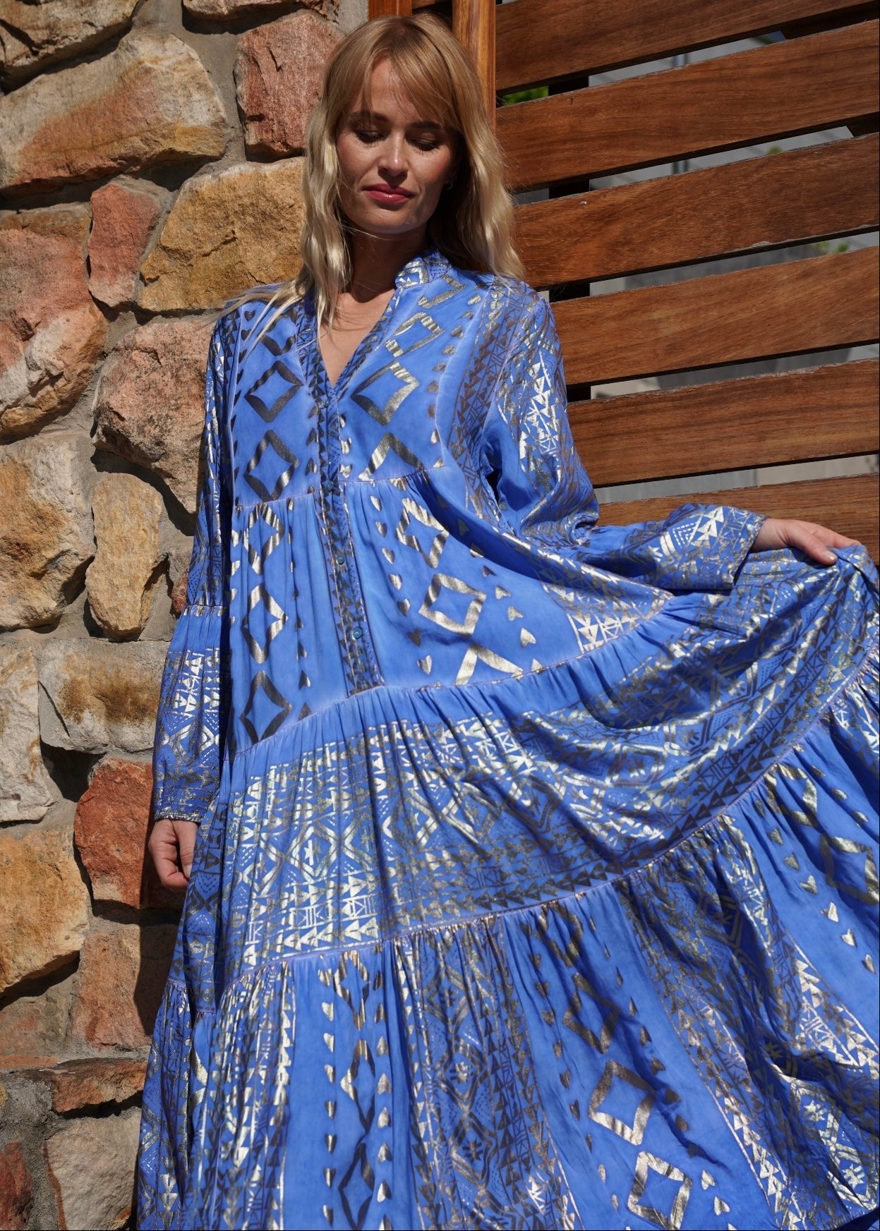 View our Phoebe Bohemian Maxi Dress with Gold Foil in Bright Blue - by Tribute Store