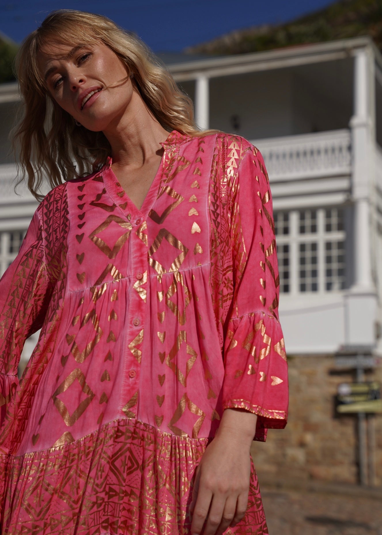 View our Phoebe Bohemian Short Dress with Gold Foil in Coral - by Tribute Store