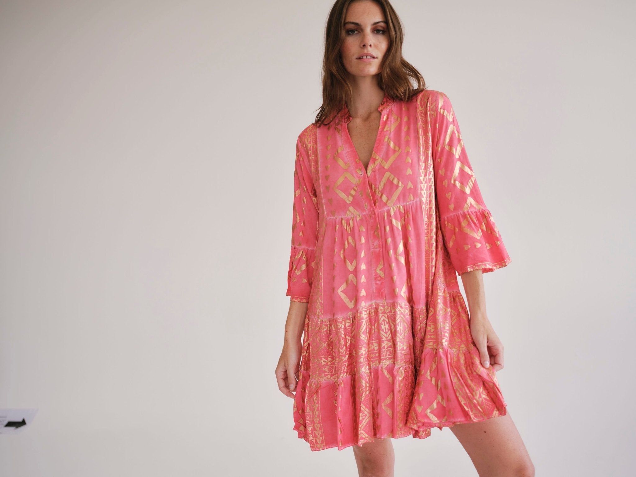 View our Phoebe Bohemian Short Dress with Gold Foil in Coral - by Tribute Store