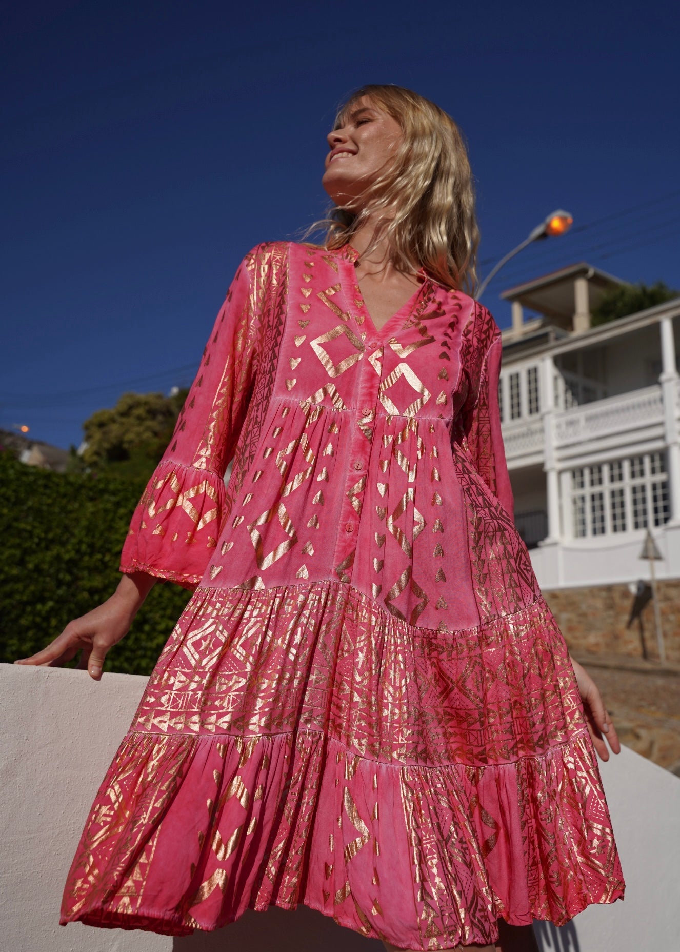 View our Phoebe Bohemian Short Dress with Gold Foil in Coral - by Tribute Store