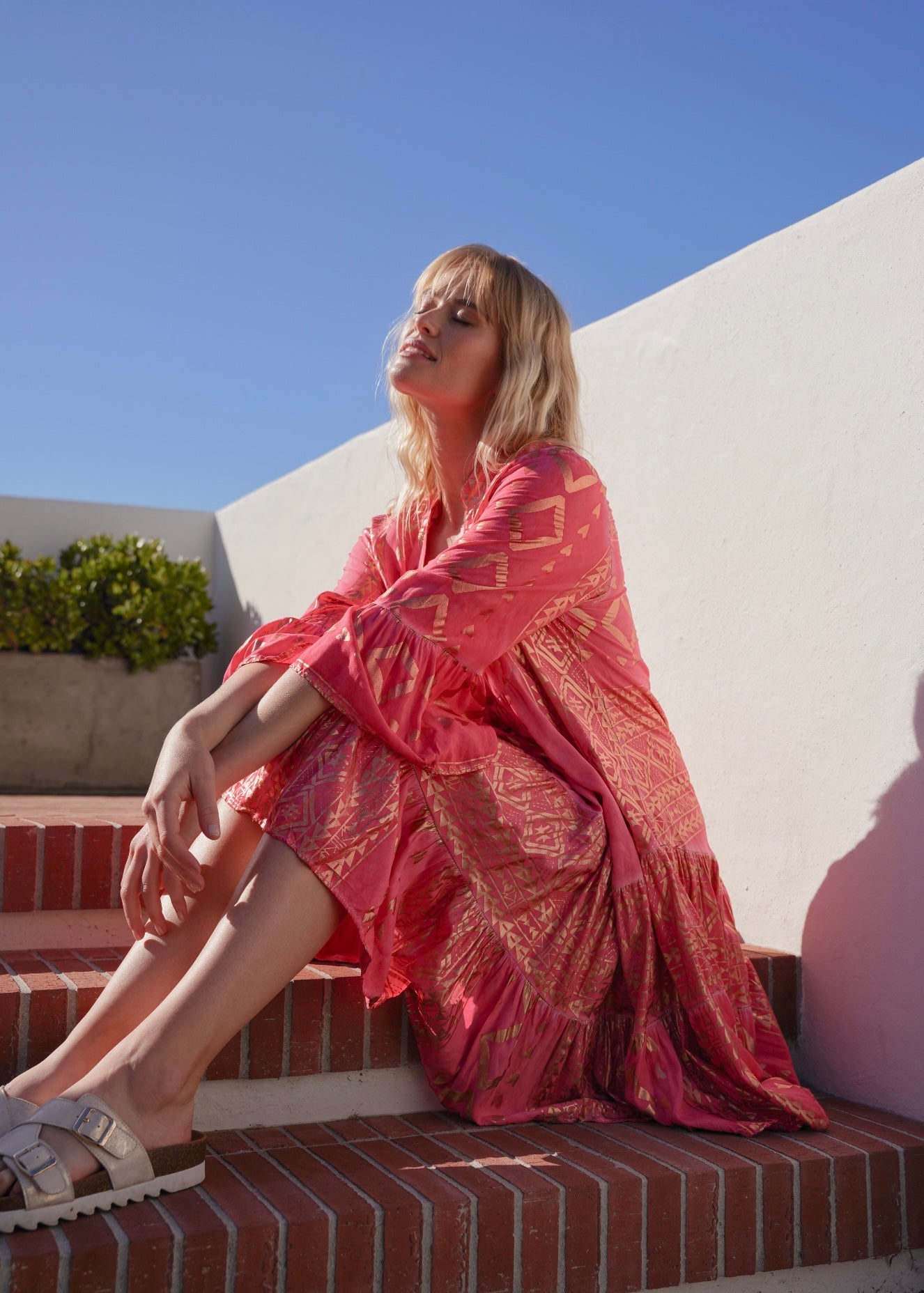 View our Phoebe Bohemian Short Dress with Gold Foil in Coral - by Tribute Store