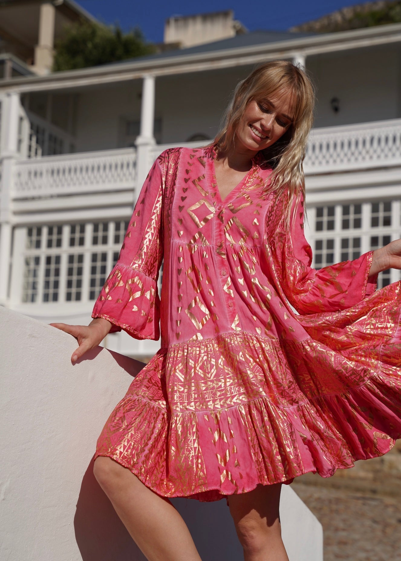 View our Phoebe Bohemian Short Dress with Gold Foil in Coral - by Tribute Store