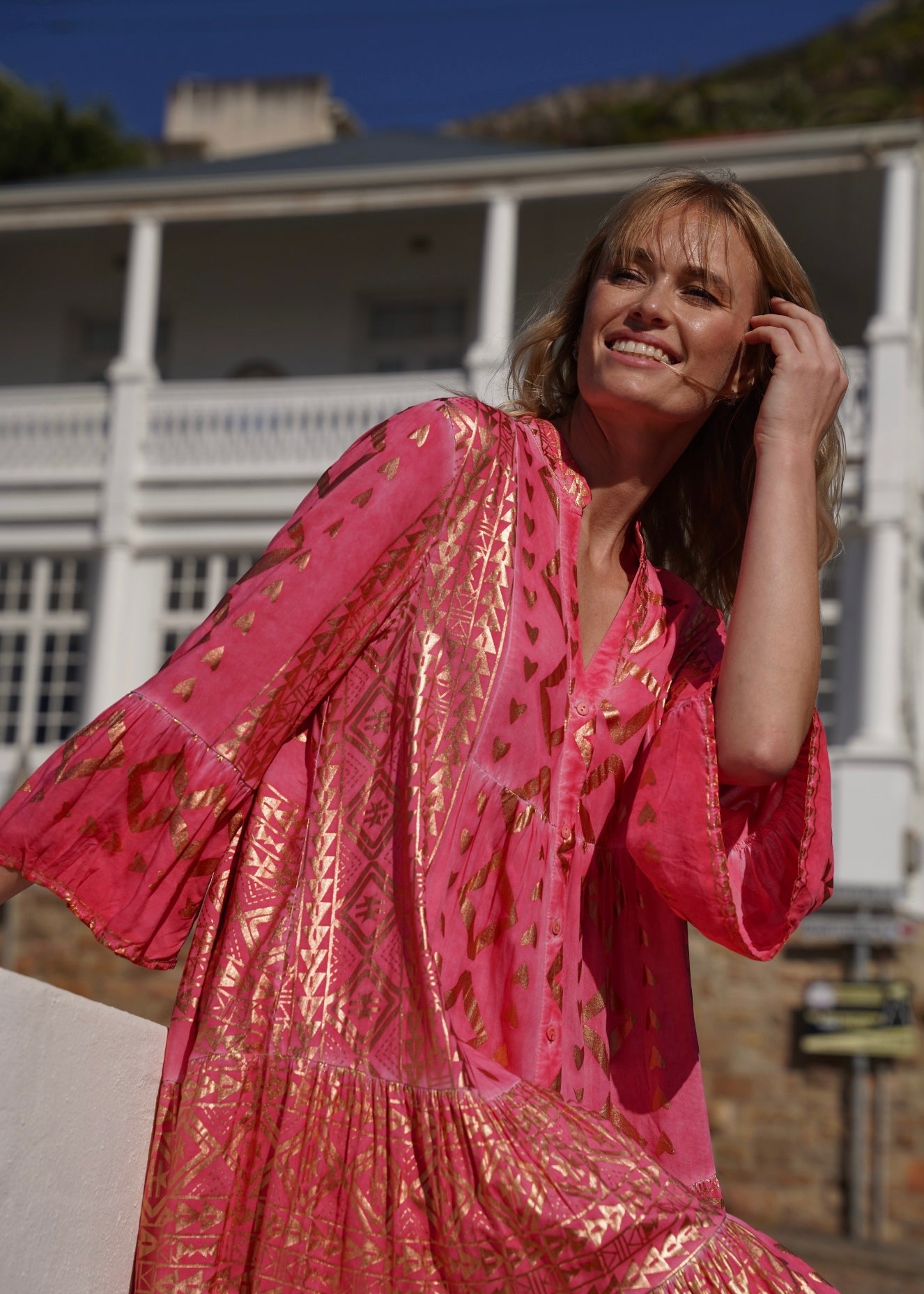 View our Phoebe Bohemian Short Dress with Gold Foil in Coral - by Tribute Store