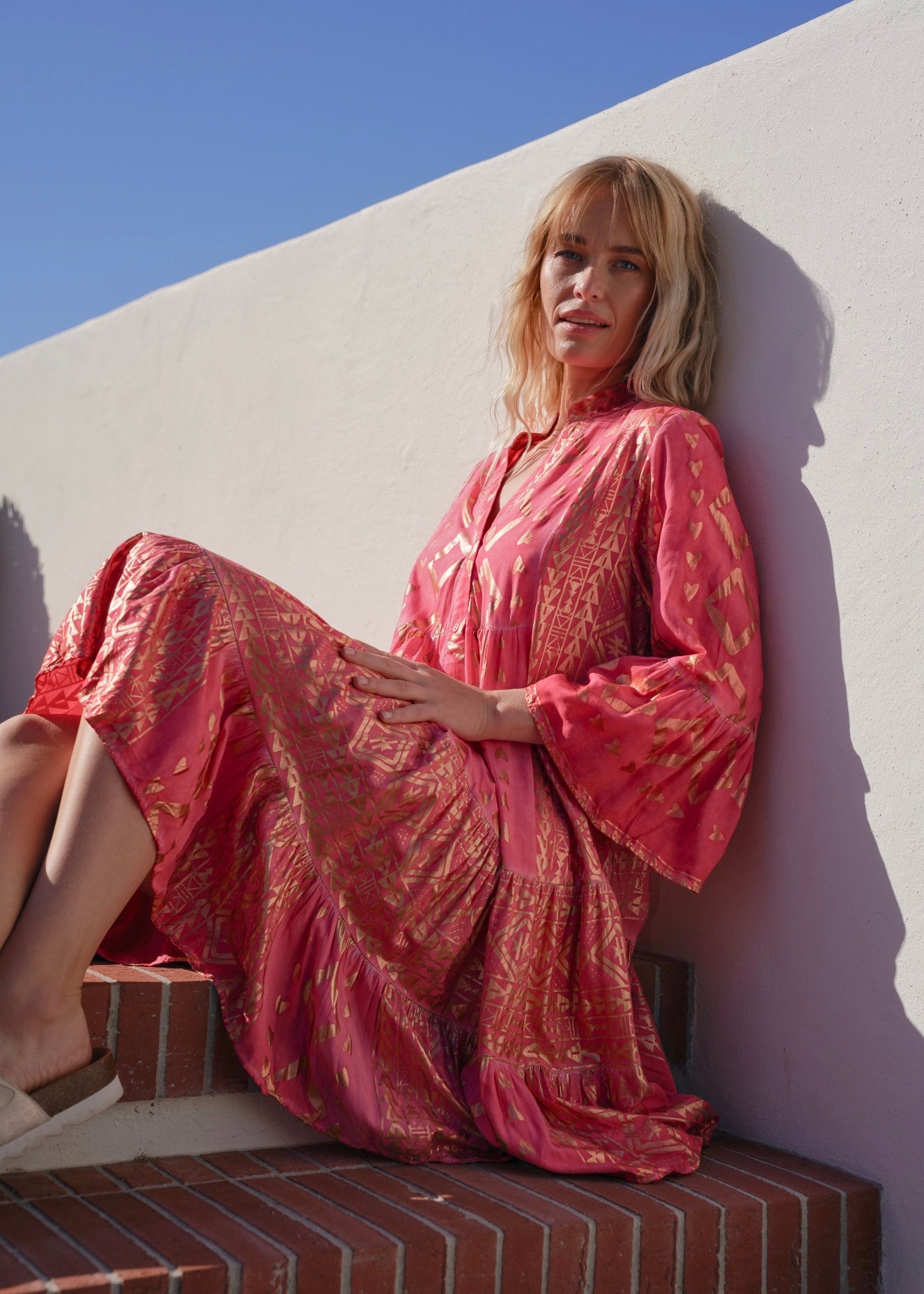 View our Phoebe Bohemian Short Dress with Gold Foil in Coral - by Tribute Store