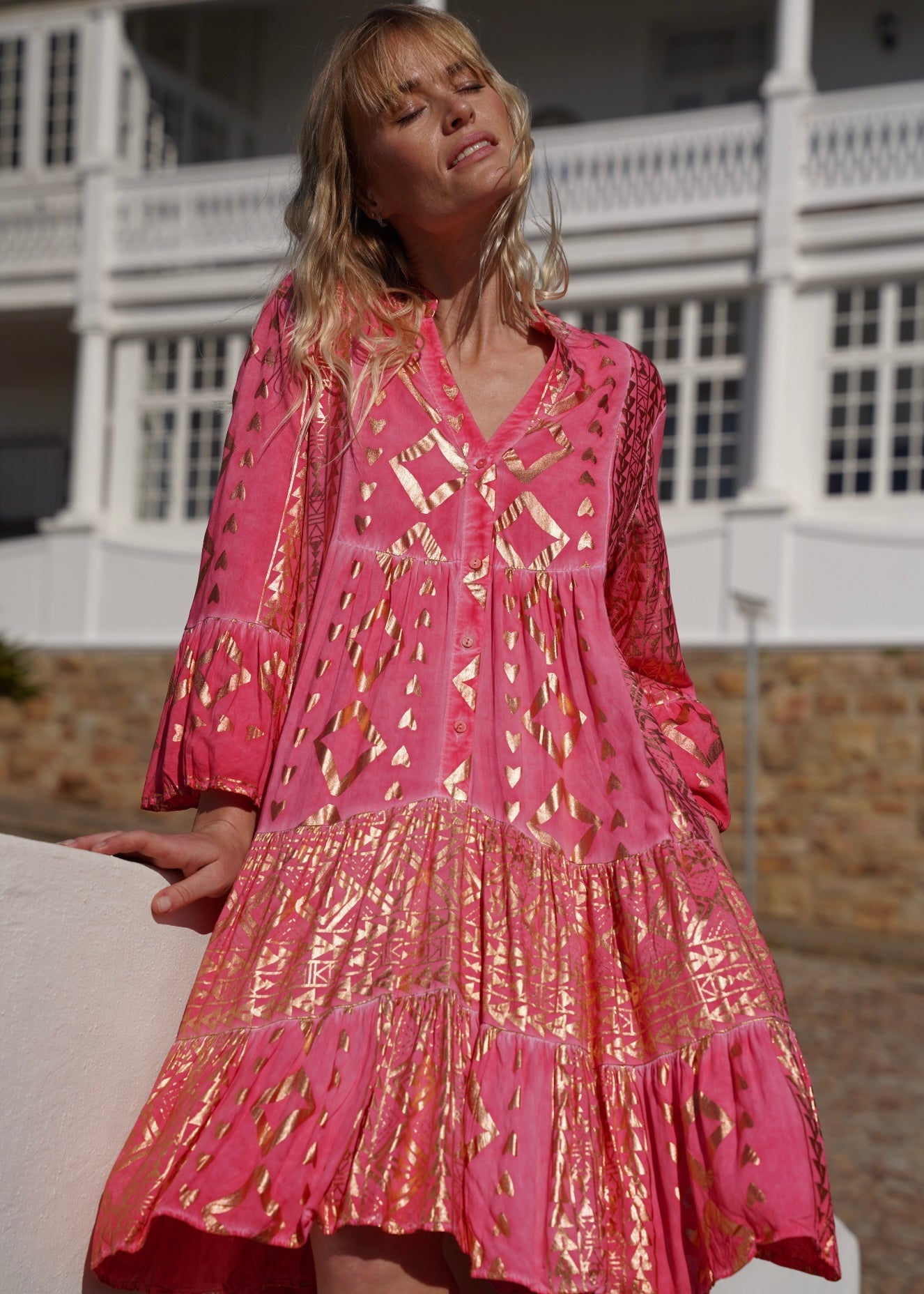 View our Phoebe Bohemian Short Dress with Gold Foil in Coral - by Tribute Store