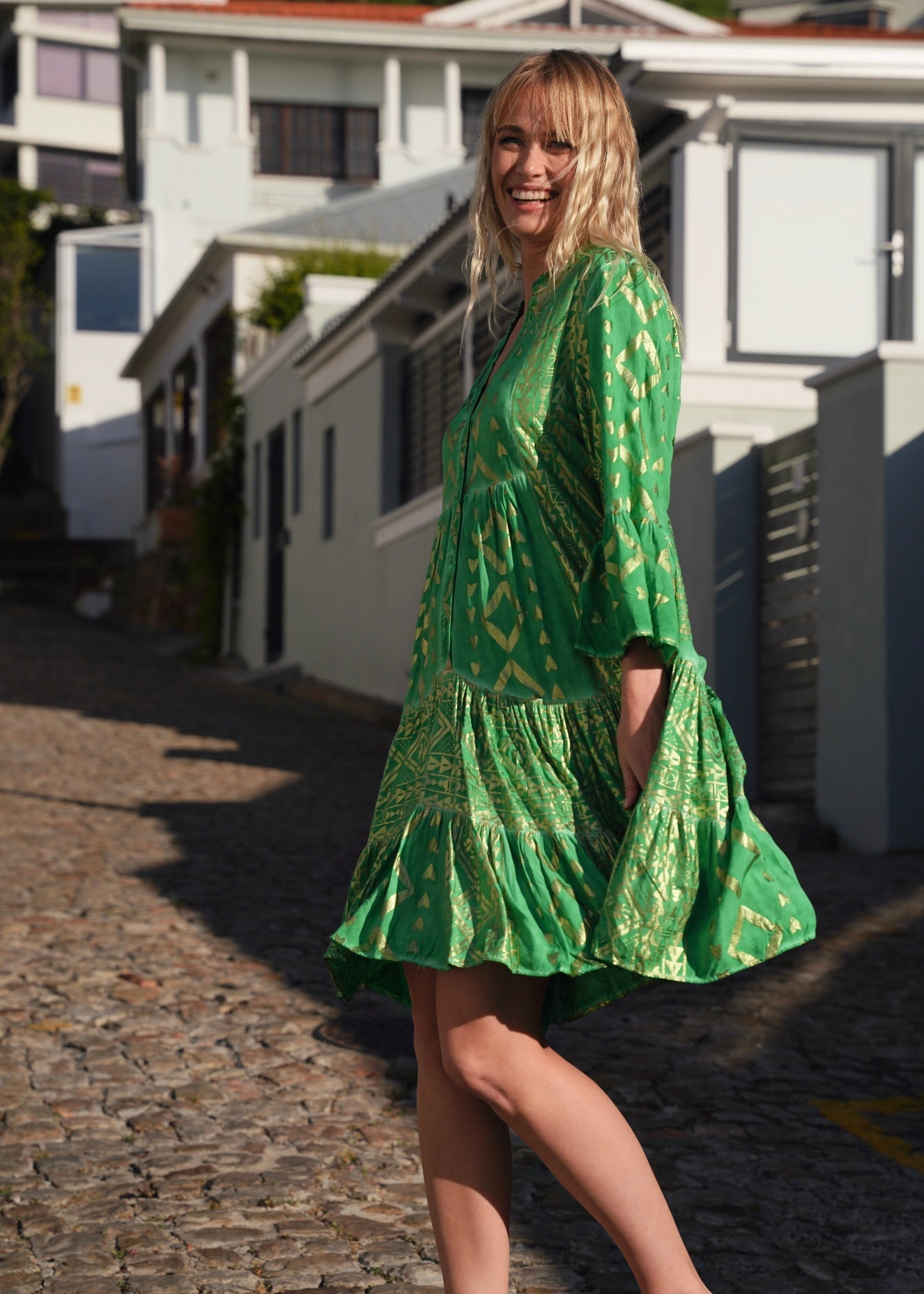 View our Phoebe Bohemian Short Dress with Gold Foil in Green - by Tribute Store