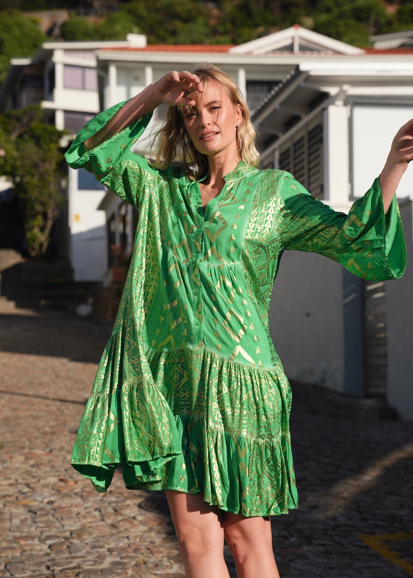 View our Phoebe Bohemian Short Dress with Gold Foil in Green - by Tribute Store