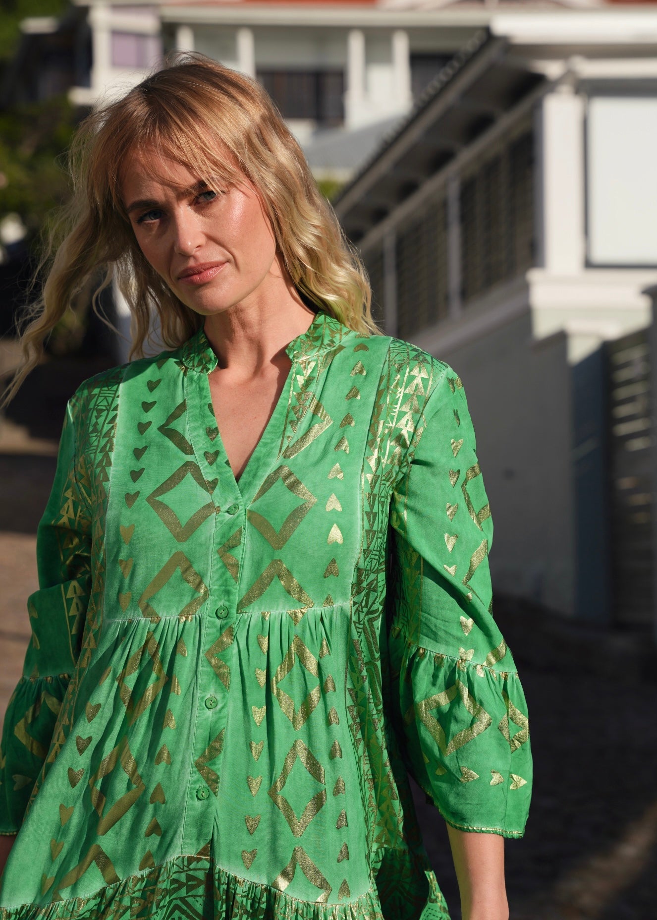 View our Phoebe Bohemian Short Dress with Gold Foil in Green - by Tribute Store