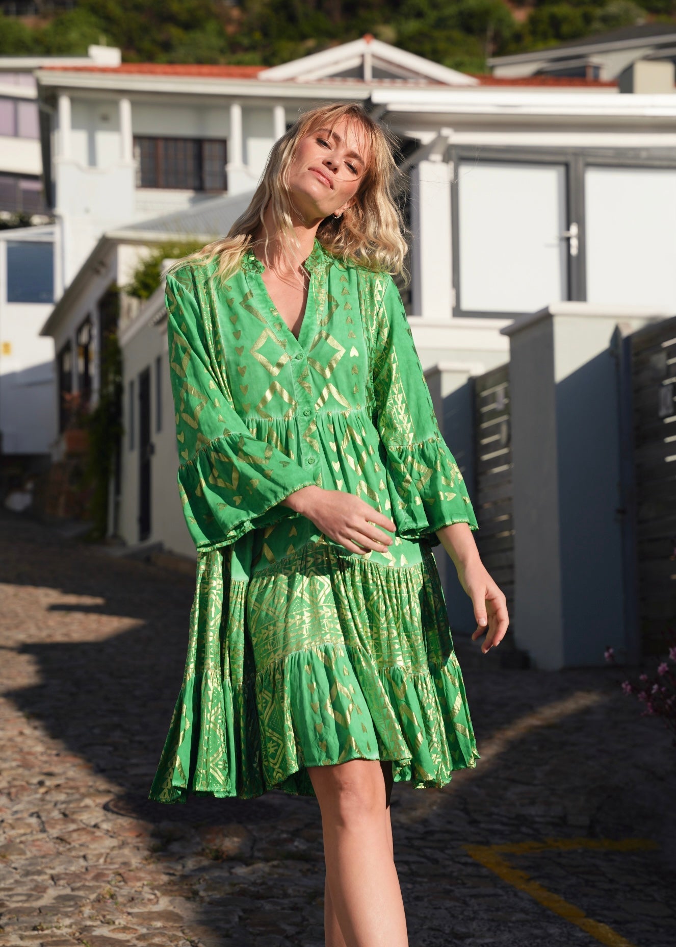 View our Phoebe Bohemian Short Dress with Gold Foil in Green - by Tribute Store