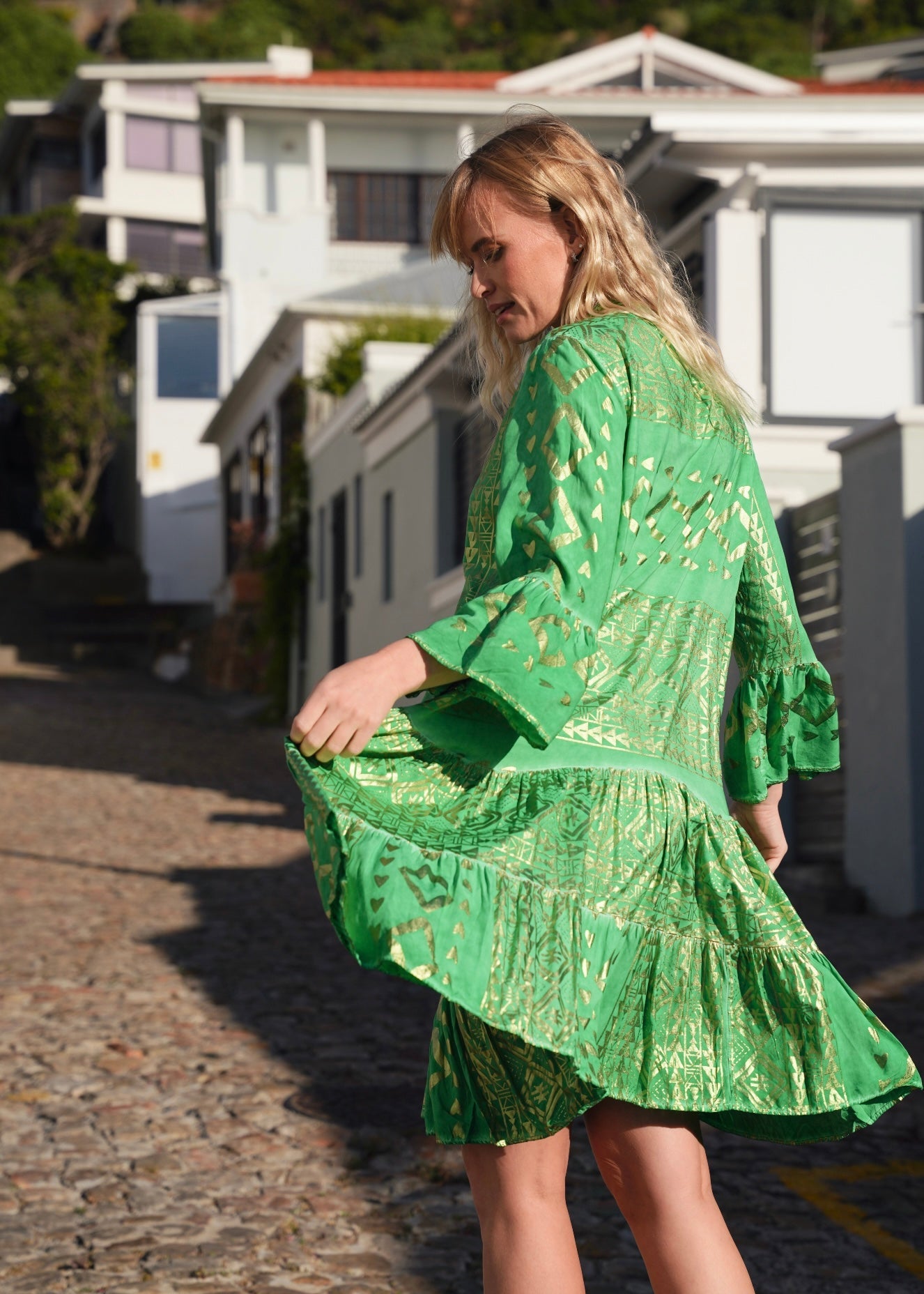 View our Phoebe Bohemian Short Dress with Gold Foil in Green - by Tribute Store