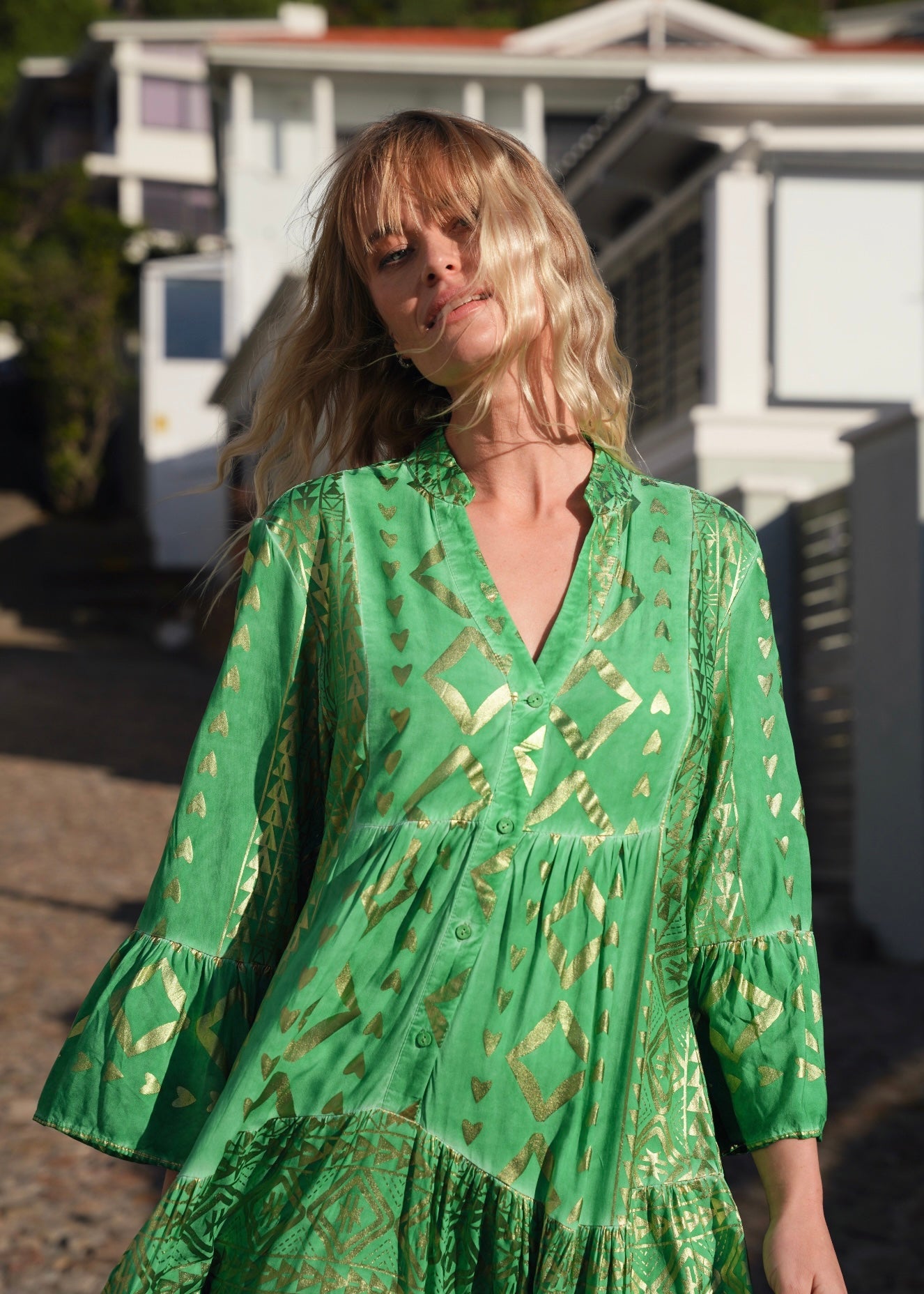 View our Phoebe Bohemian Short Dress with Gold Foil in Green - by Tribute Store
