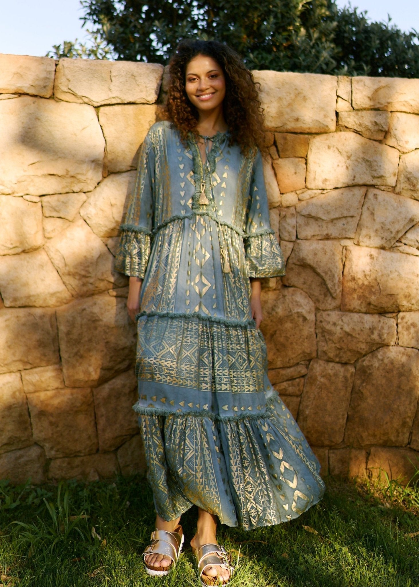 View our Phoebe Maxi Bohemian Dress with Front Tassels in Deep Green - by Tribute Store