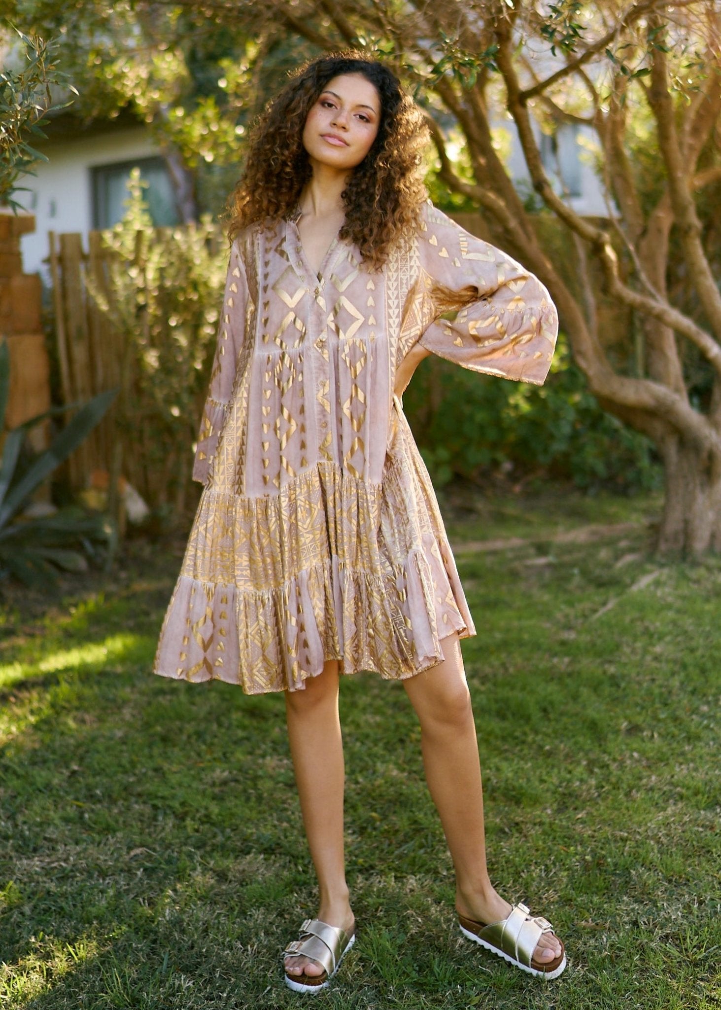 View our Phoebe Short Bohemian Dress with Gold Print in Caramel - by Tribute Store