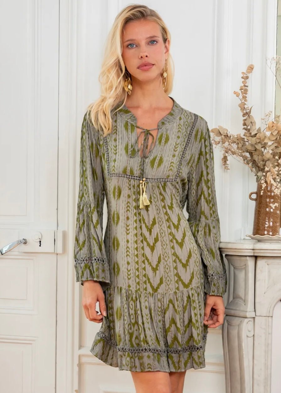 View our Phoebe Short Bohemian Dress with Tassels in Dark Green - by Tribute Store