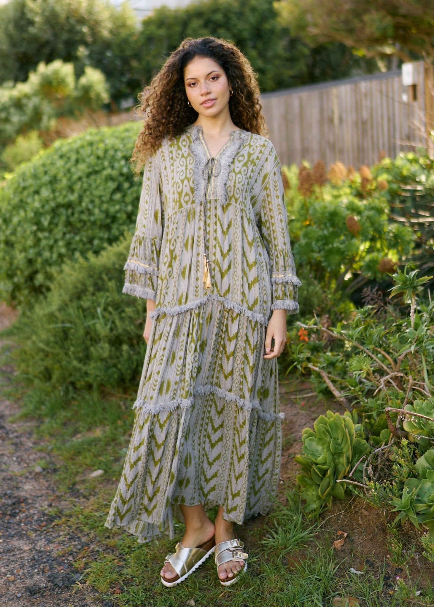 View our Phoebe Soft Viscose Bohemian Dress with Metallic Thread in Olive Green - by Tribute Store