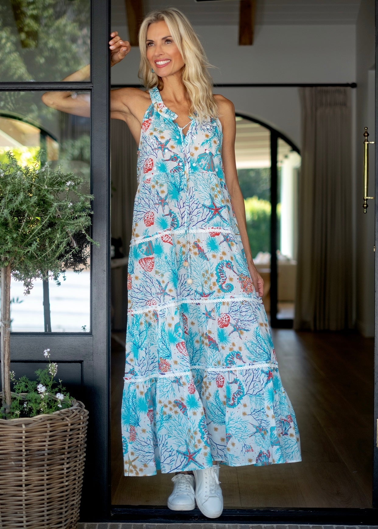View our Positano Dress in Turquoise and Coral Reef - by Tribute Store