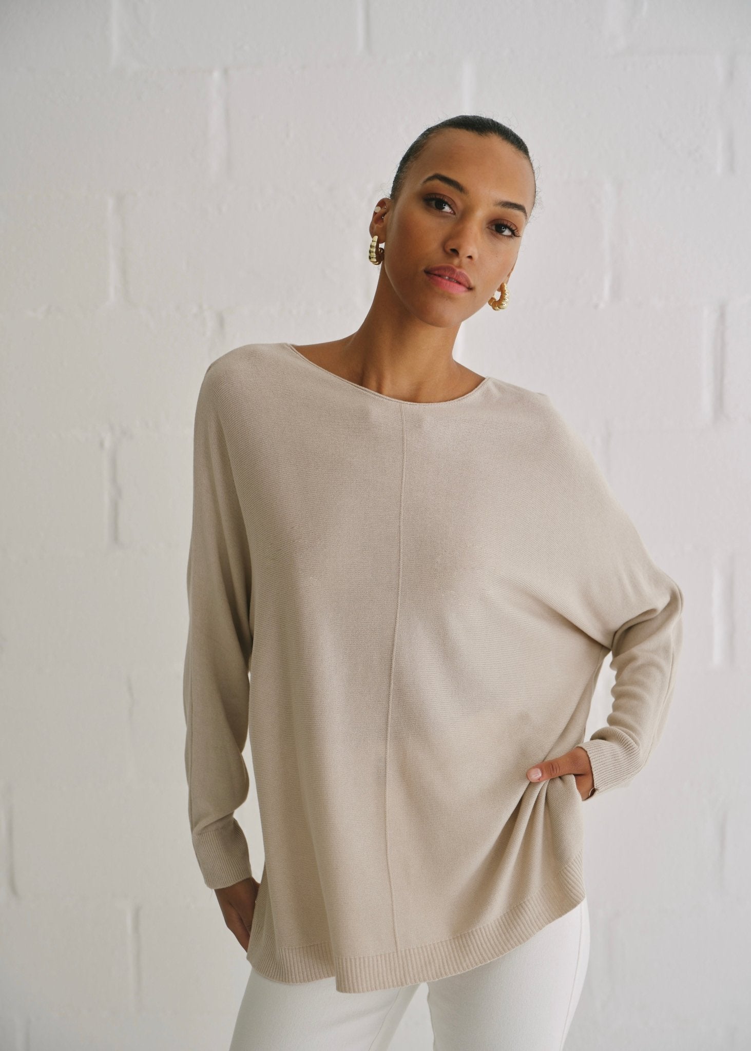 View our Roma Italian Oversized Crew Neck Knit In Taupe - by Tribute Store