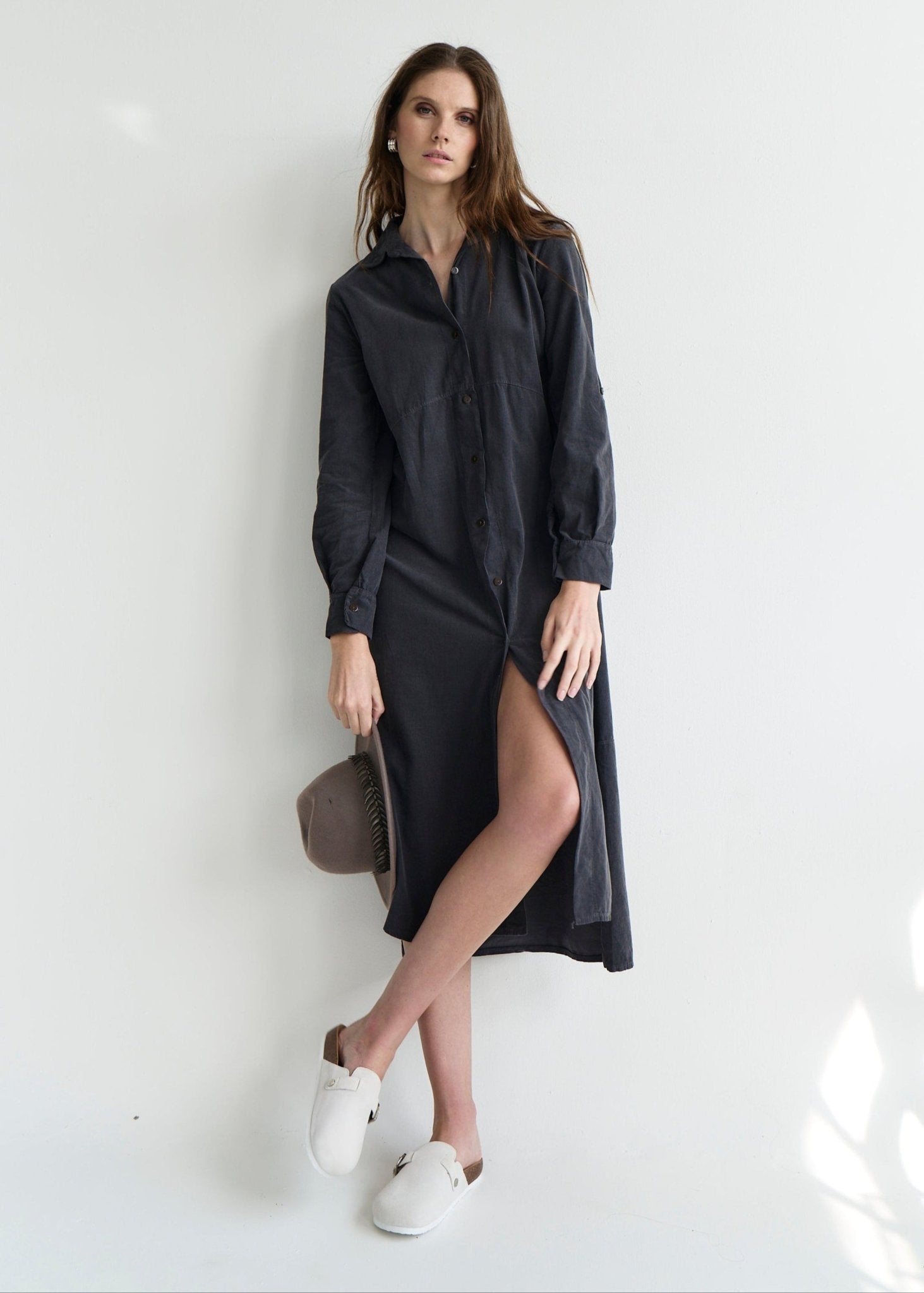View our Roma Italian Velour Button up Dress in Black - by Tribute Store