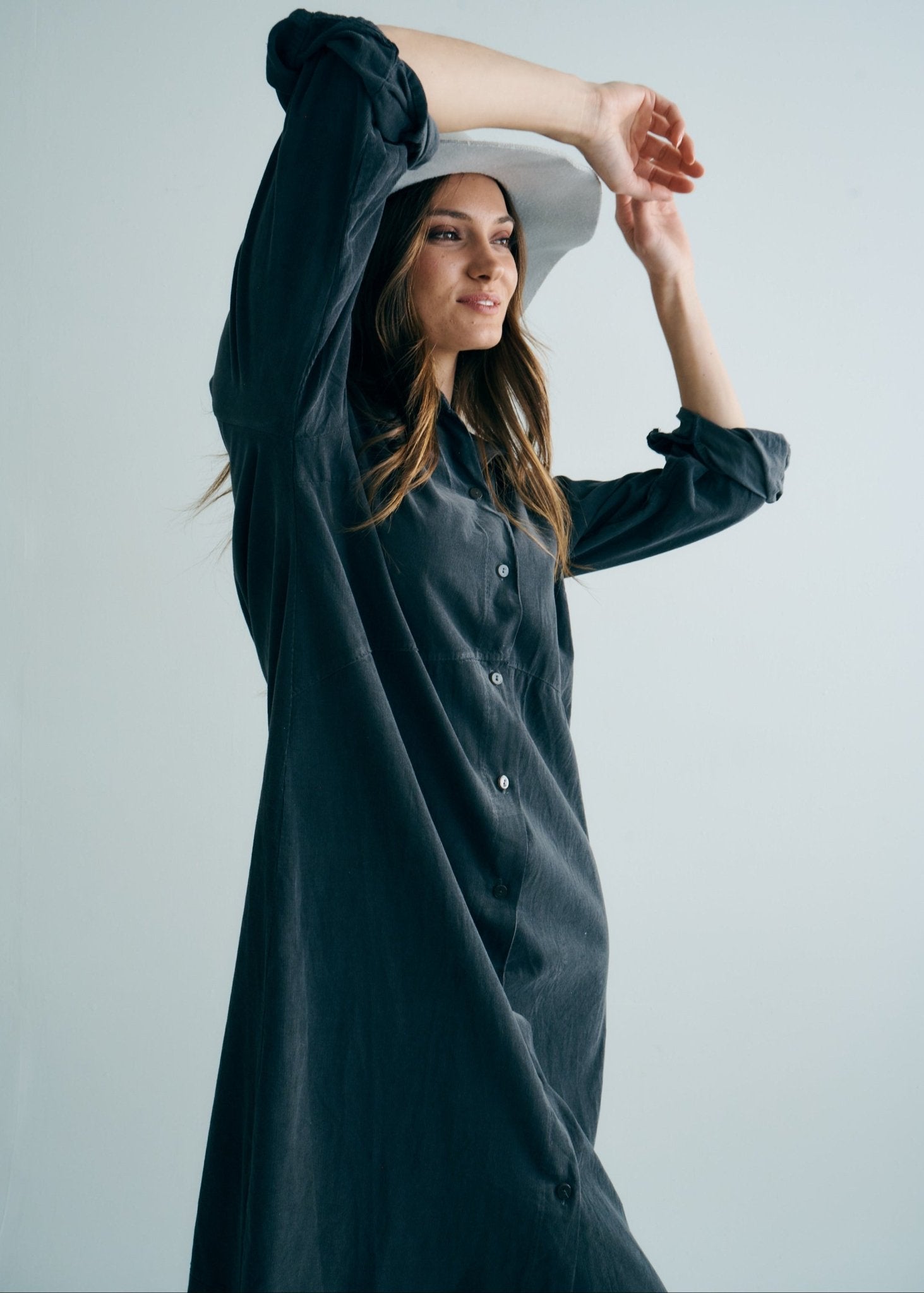 View our Roma Italian Velour Button up Dress in Gunmetal - by Tribute Store