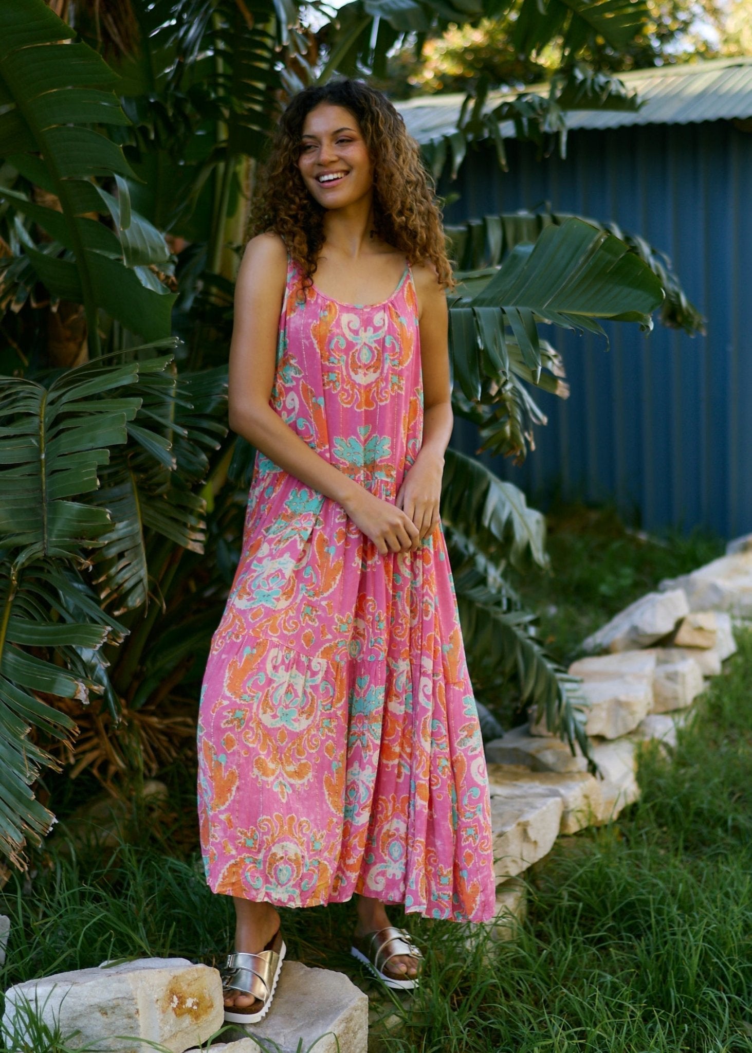 View our Rosa Strappy Bohemian Maxi Dress in rose red with Gold Lurex Thread Detail - by Tribute Store