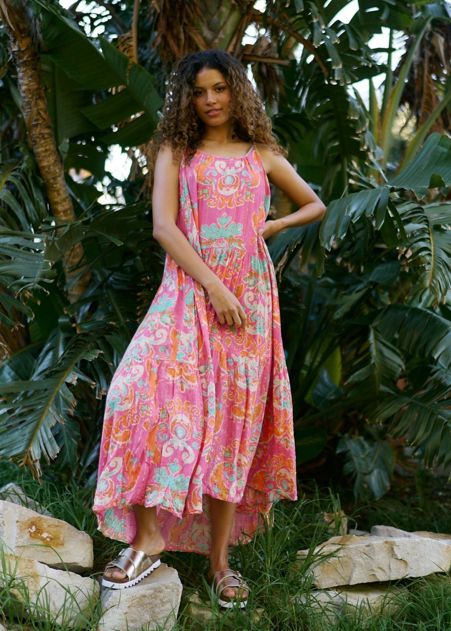 View our Rosa Strappy Bohemian Maxi Dress in rose red with Gold Lurex Thread Detail - by Tribute Store