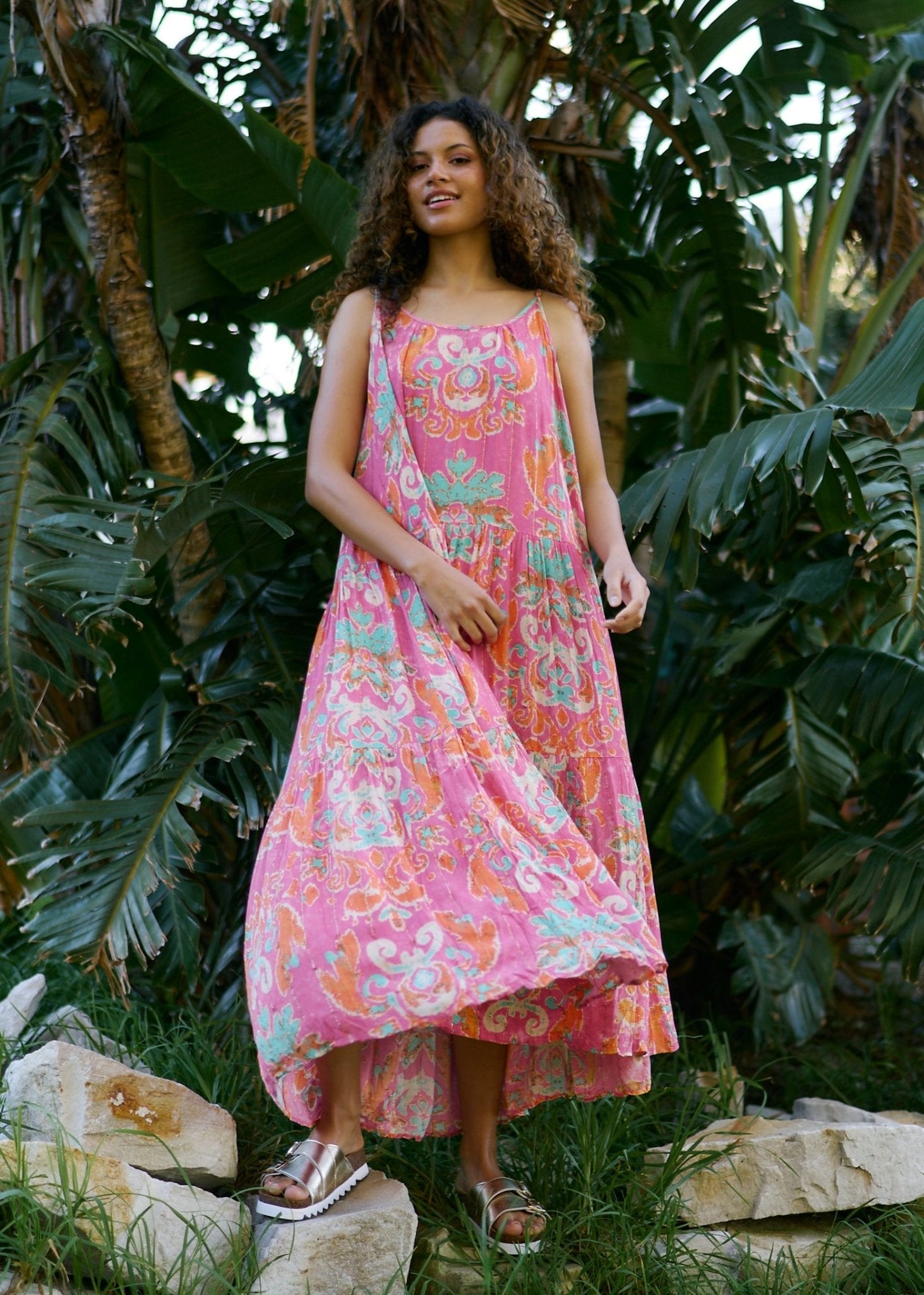 View our Rosa Strappy Bohemian Maxi Dress in rose red with Gold Lurex Thread Detail - by Tribute Store