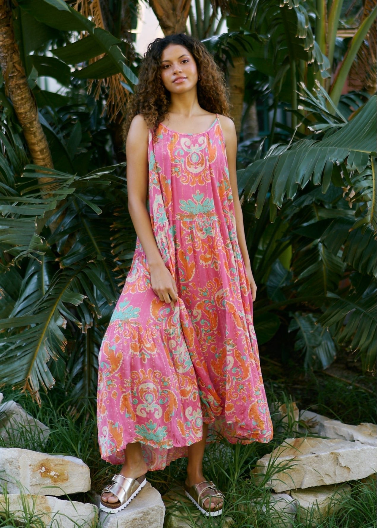 View our Rosa Strappy Bohemian Maxi Dress in rose red with Gold Lurex Thread Detail - by Tribute Store