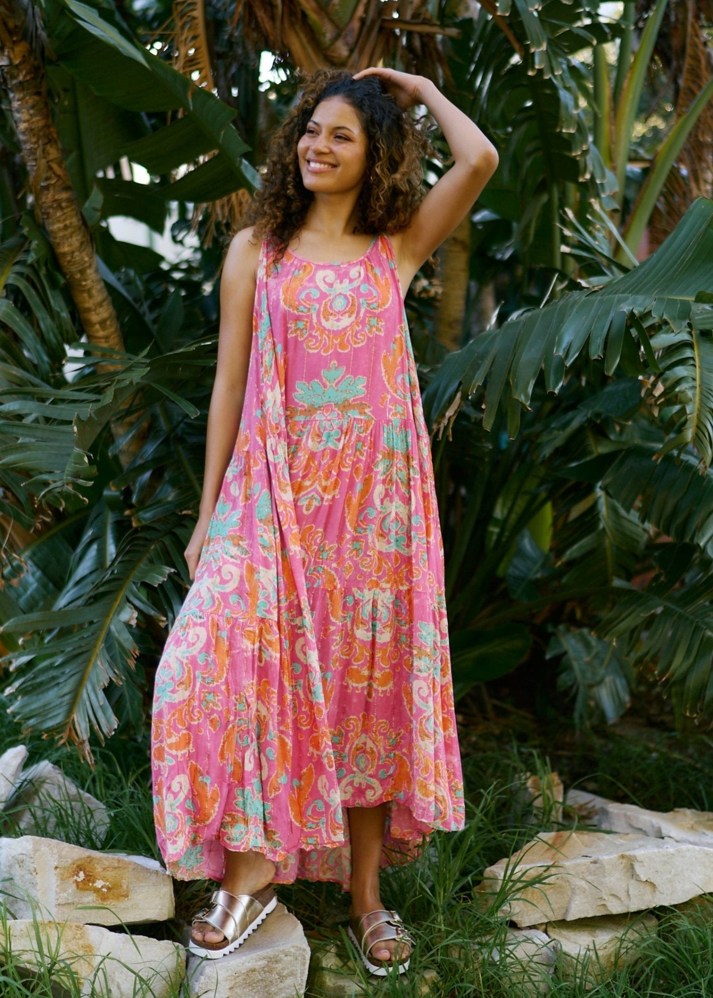 View our Rosa Strappy Bohemian Maxi Dress in rose red with Gold Lurex Thread Detail - by Tribute Store