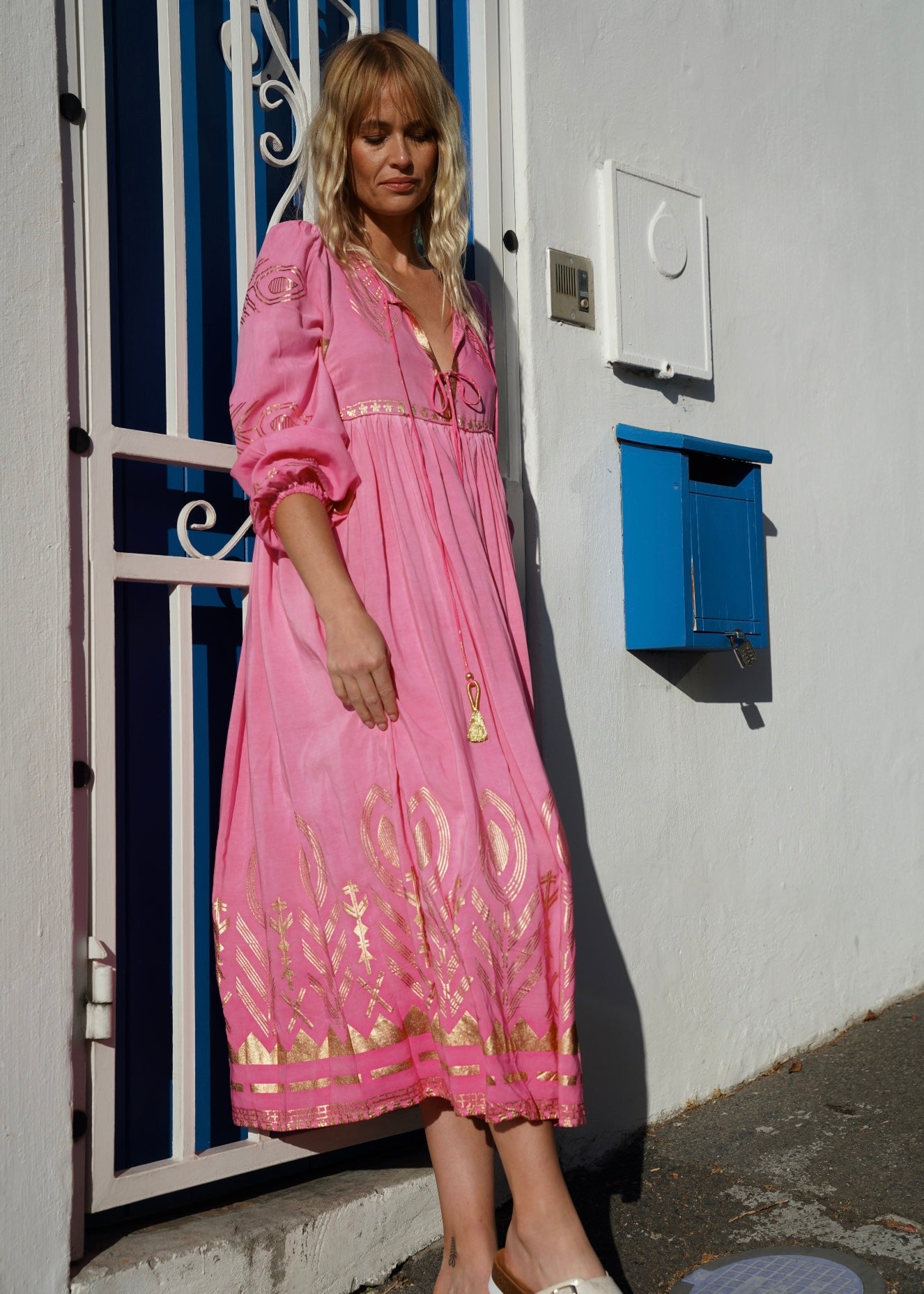 View our Rosalia Midi dress Hot Pink With Gold Foil - by Tribute Store
