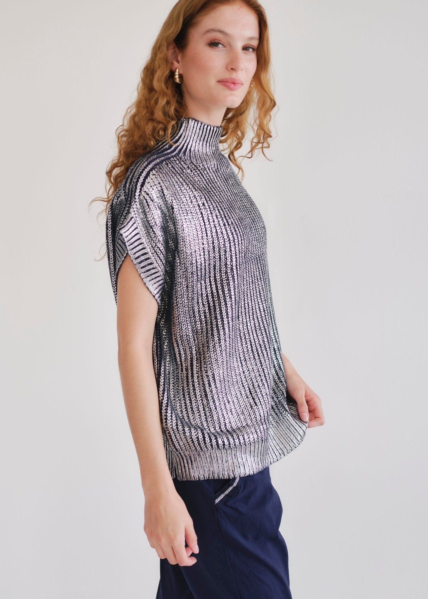 View our Saint Germain Italian Navy Foil Sleeveless Knit - by Tribute Store