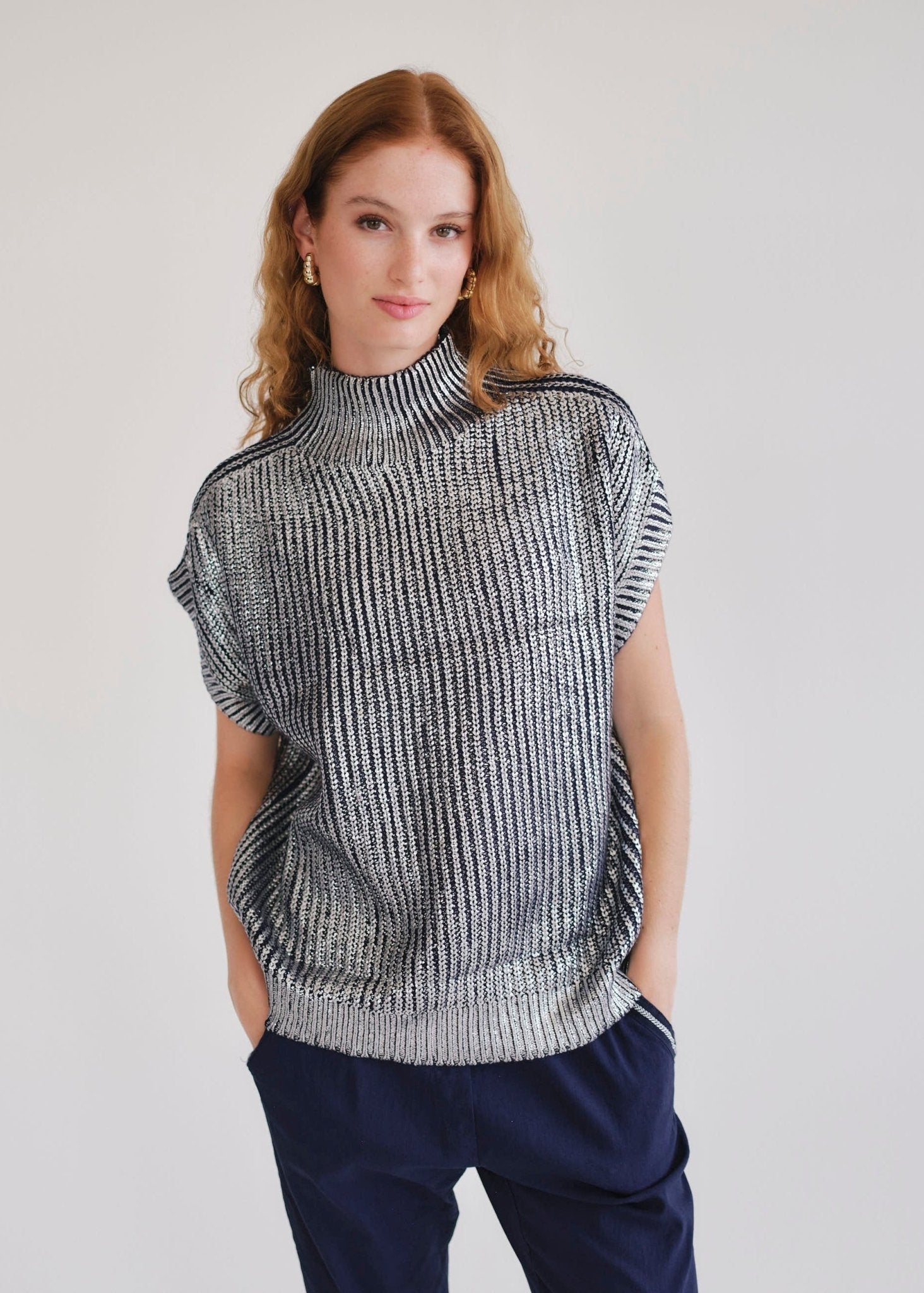 View our Saint Germain Italian Navy Foil Sleeveless Knit - by Tribute Store